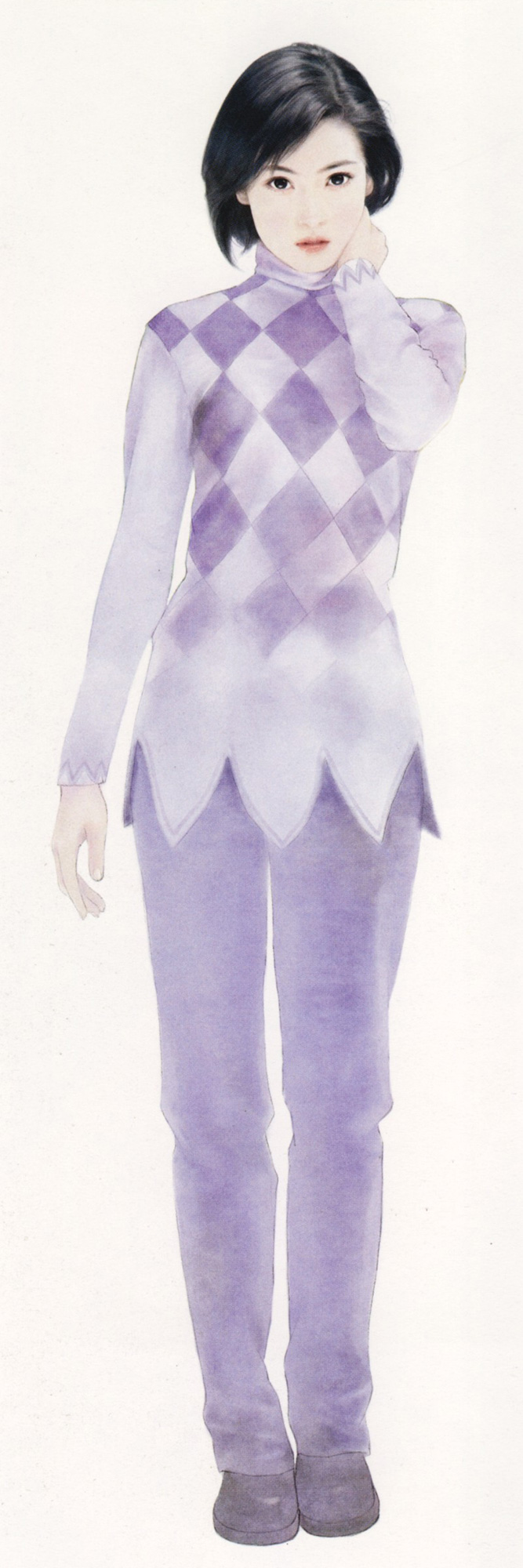 chen shu fen, highres, 1girl, black eyes, black hair, female focus, full body, hand up, lips, long sleeves, looking at viewer, pants, purple pants, realistic, shirt, shoes, short hair, solo, standing, sweater, swept bangs, turtleneck