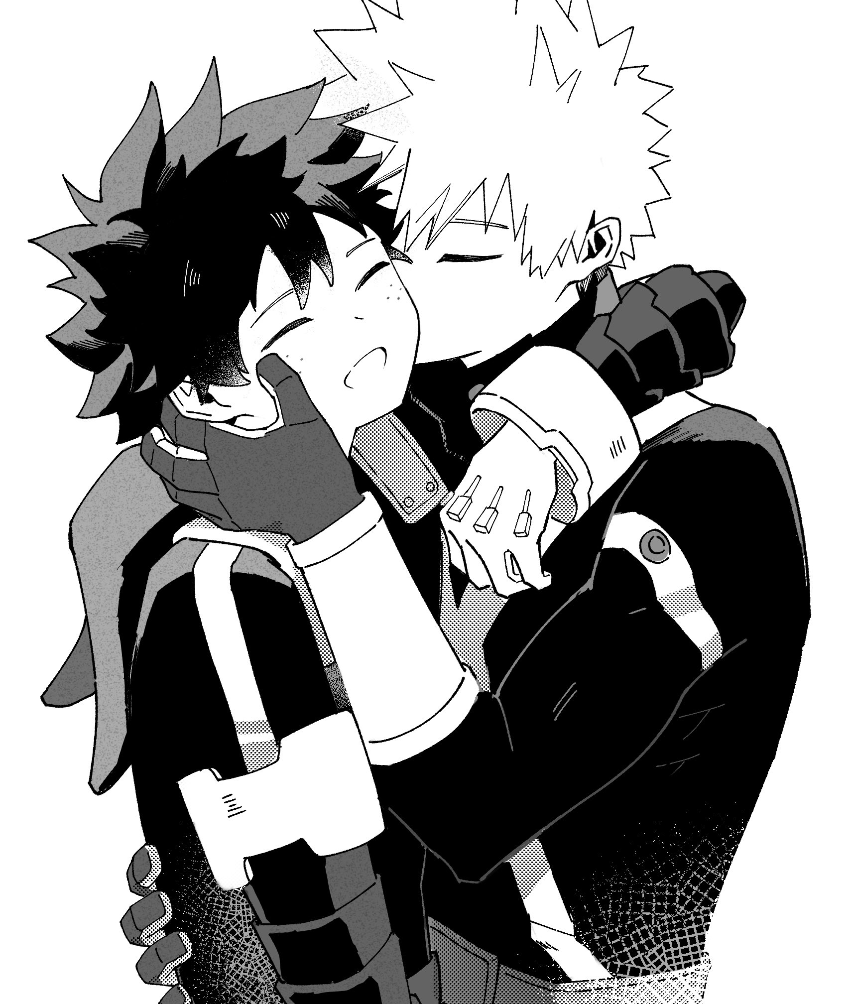 bakugou katsuki, midoriya izuku, boku no hero academia, highres, 2boys, arm around neck, freckles, gloves, greyscale, hair between eyes, hood, hood down, hp 895129895, kiss, kissing cheek, long sleeves, male focus, monochrome, multiple boys, open mouth, short hair, smile, spiked hair, superhero costume, white background, yaoi