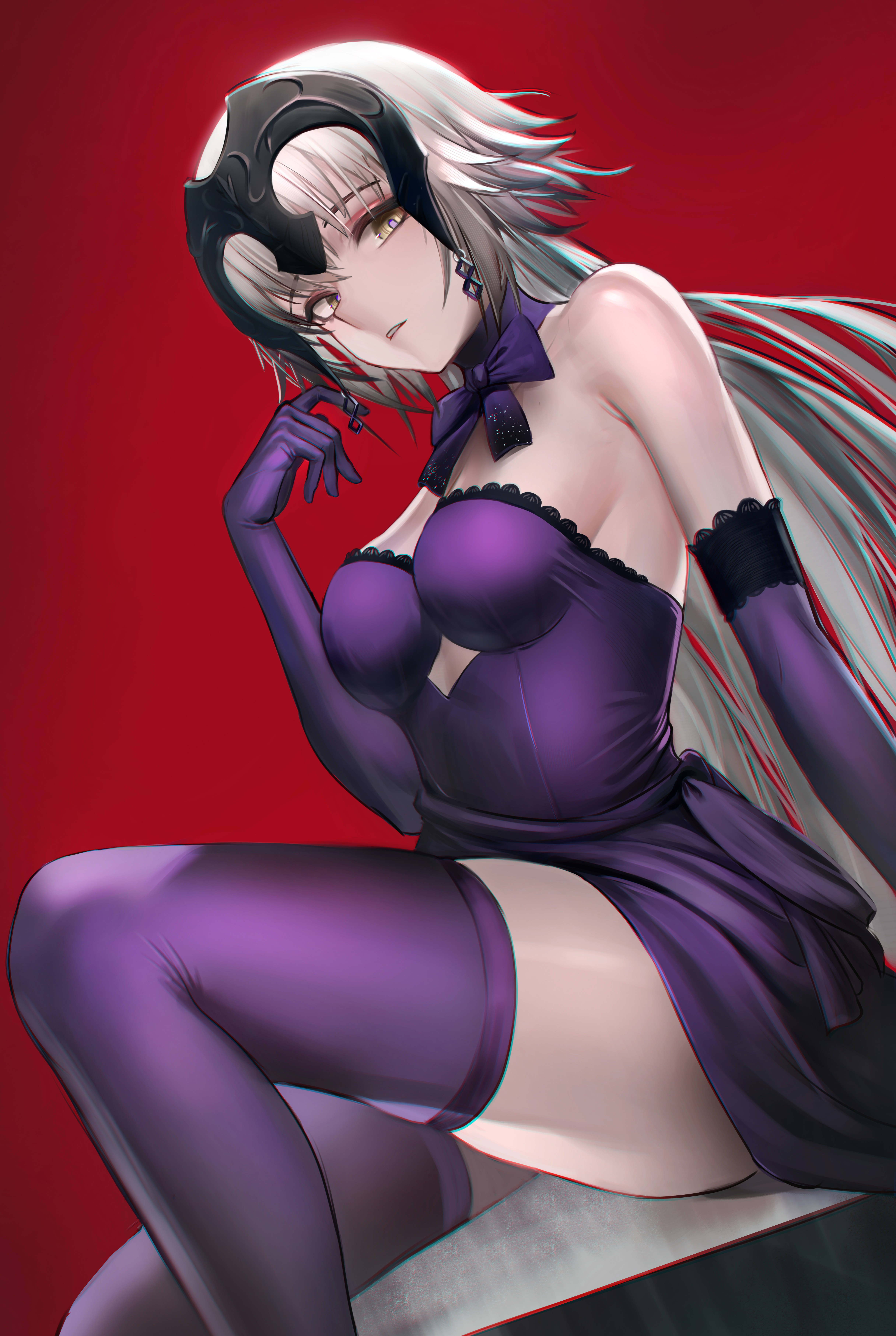 bbgg (pixiv 77795272), jeanne d'arc alter (avenger) (fate), jeanne d'arc alter (fate), jeanne d'arc alter (holy night supper) (fate), fate/grand order, fate (series), absurdres, chinese commentary, commentary request, highres, 1girl, bare shoulders, breasts, dress, elbow gloves, feet out of frame, from above, gloves, hair between eyes, large breasts, legs, long hair, looking at viewer, parted lips, purple dress, purple gloves, purple ribbon, purple thighhighs, red background, ribbon, simple background, sitting, sleeveless, sleeveless dress, solo, thighhighs, thighs, white hair, yellow eyes