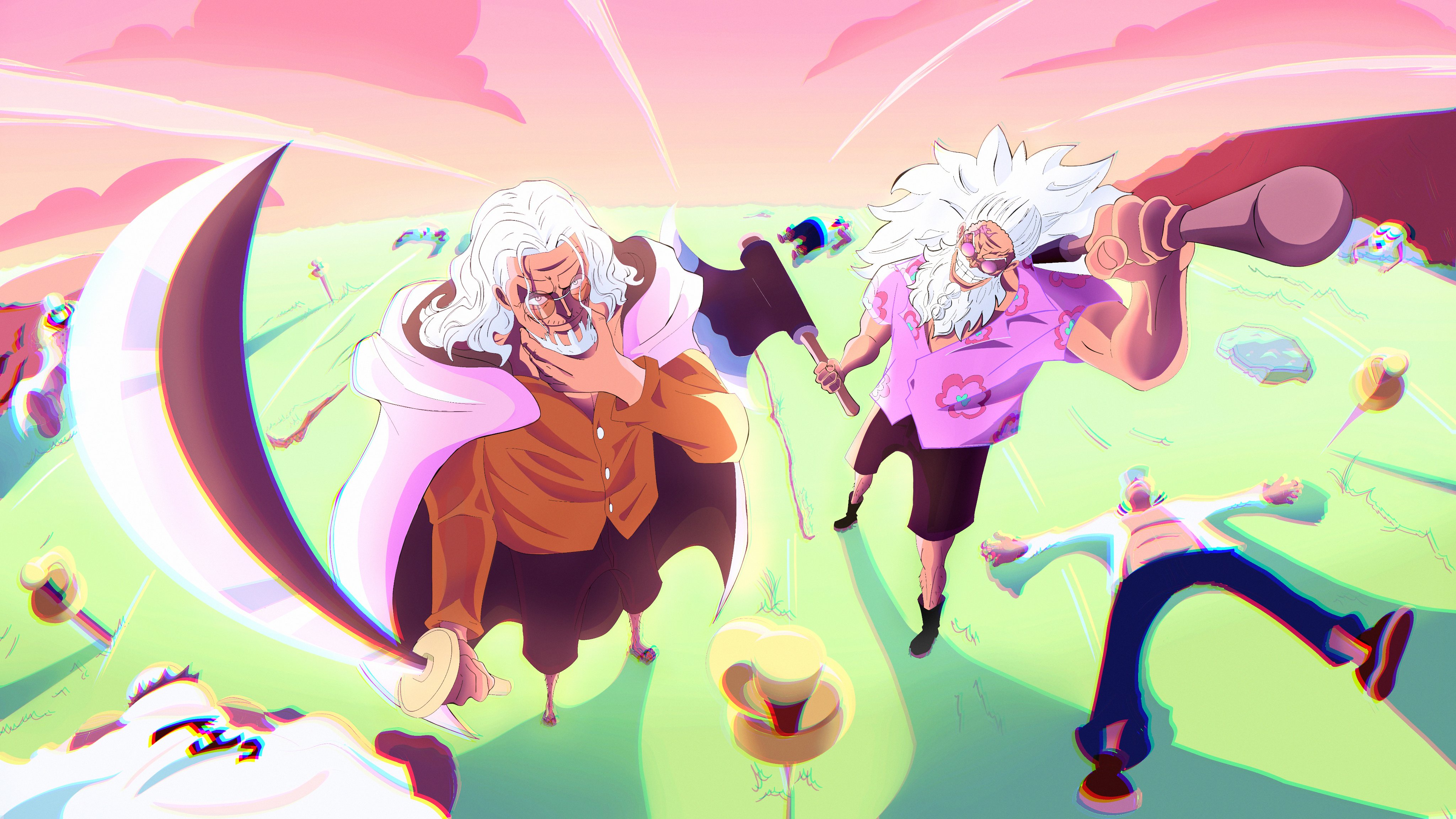 scopper gaban, silvers rayleigh, one piece, absurdres, commentary, highres, axe, beard, chromatic aberration, facial hair, full body, glasses, hkwrld, holding, holding axe, holding sword, holding weapon, long hair, male focus, marine uniform (one piece), orange shirt, outdoors, ponytail, shirt, shorts, smile, sunglasses, sword, weapon, white hair