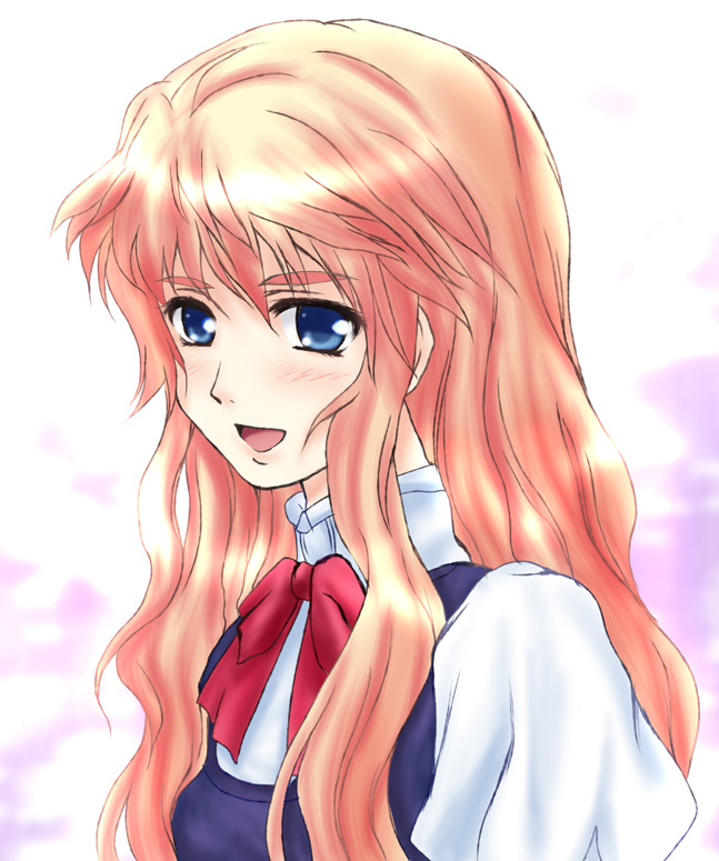 shaian, sheryl nome, macross, macross frontier, 00s, blonde hair, blue eyes, ribbon, smile, solo