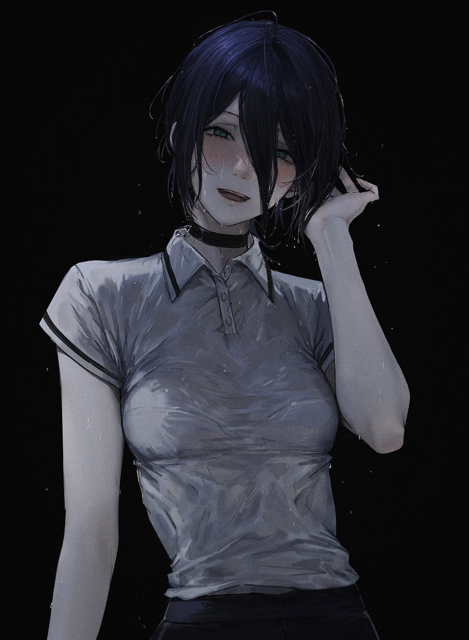 aiomita, reze (chainsaw man), chainsaw man, highres, 1girl, black choker, black hair, black shorts, blush, choker, collared shirt, green eyes, hair between eyes, hand in own hair, see-through clothes, shirt, short sleeves, shorts, sidelocks, smile, solo, water, wet
