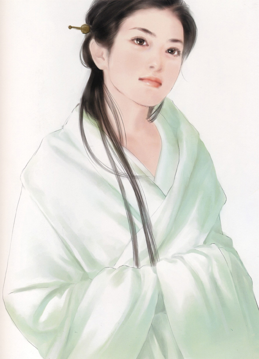 chen shu fen, highres, black eyes, black hair, chinese clothes, hair ornament, japanese clothes, kimono, long hair, long sleeves, realistic