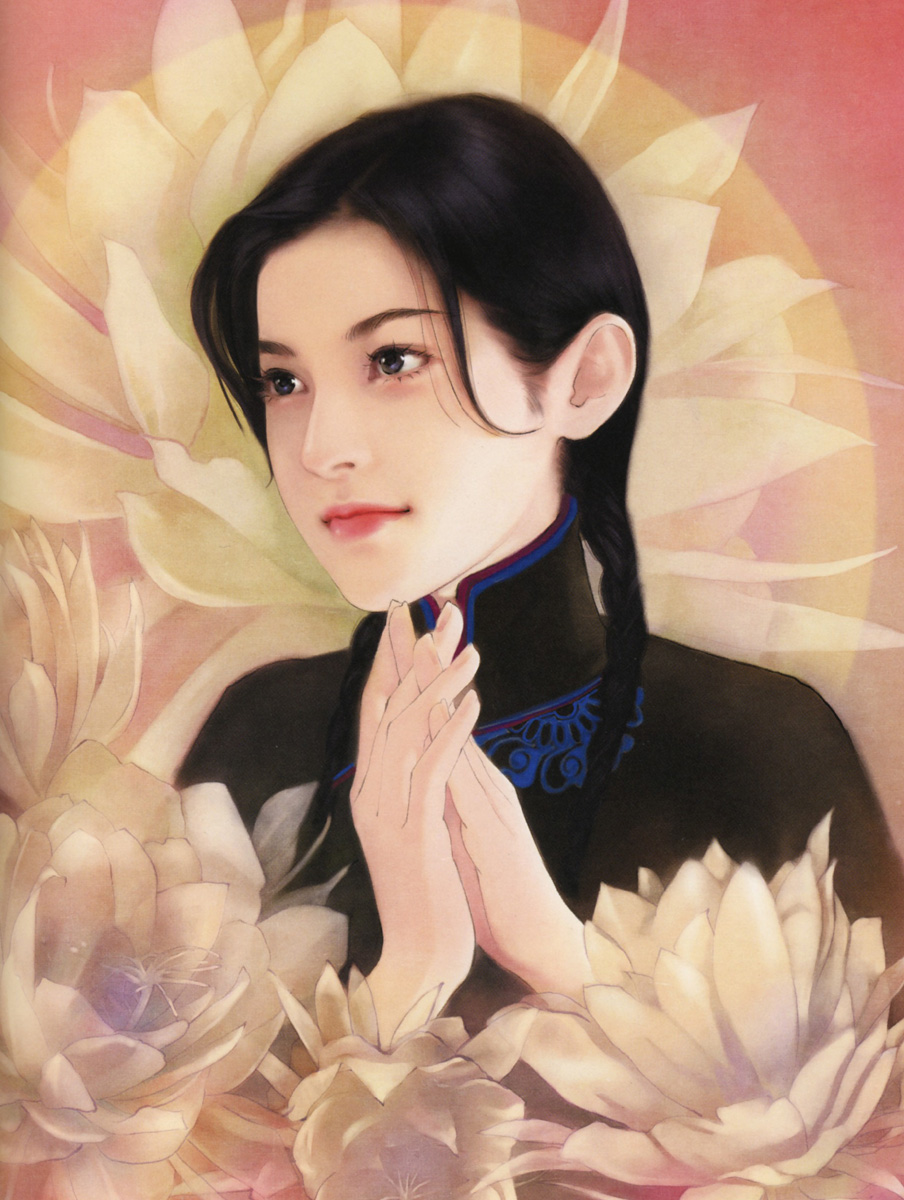 chen shu fen, highres, black eyes, black hair, braid, china dress, chinese clothes, dress, flower, realistic, smile, solo, twin braids