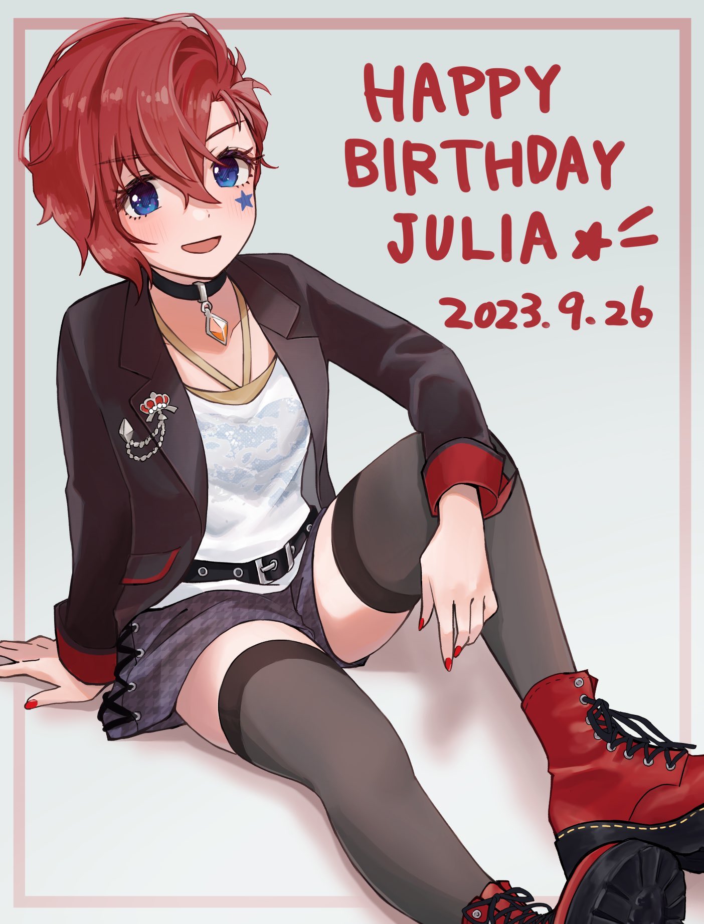 pomikoroonigiri, julia (idolmaster), idolmaster, idolmaster million live!, highres, 1girl, arm on knee, belt, birthday, black belt, black choker, black jacket, black thighhighs, blue eyes, boots, character name, choker, dated, facial mark, fingernails, foot out of frame, happy birthday, jacket, knee up, lapels, long sleeves, looking at viewer, nail polish, notched lapels, open clothes, open jacket, open mouth, red boots, red hair, red nails, shirt, short hair, sitting, smile, solo, star (symbol), star facial mark, thighhighs, white shirt