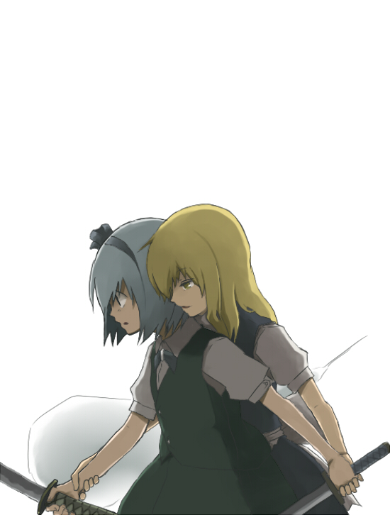 katayudetamago, kirisame marisa, konpaku youmu, konpaku youmu (ghost), touhou, bad id, bad pixiv id, 2girls, blonde hair, dual wielding, female focus, hitodama, holding, holding another's wrist, multiple girls, surprised, tanto