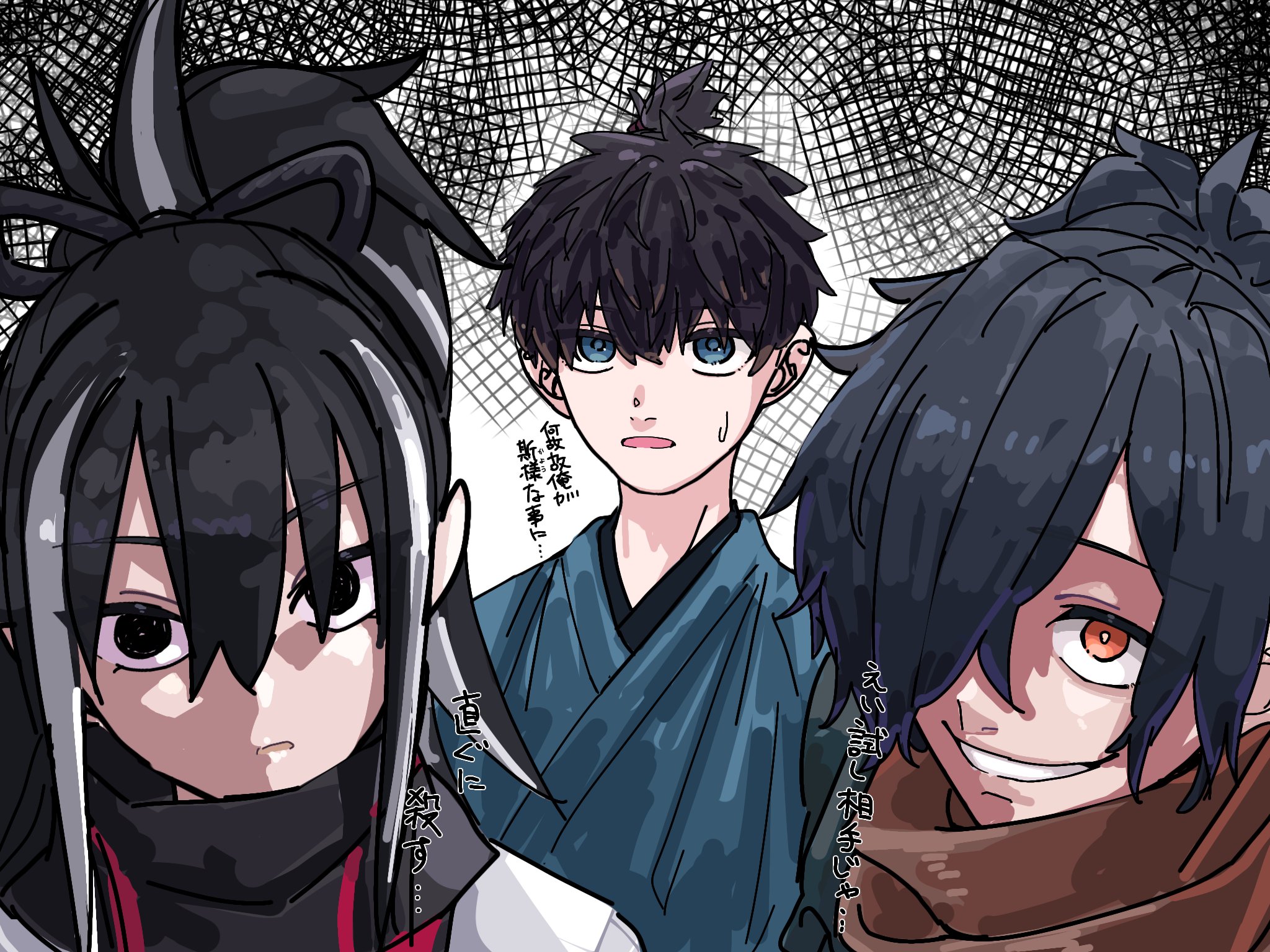 niwaikanai, miyamoto iori (fate), okada izou (fate), fate/grand order, fate (series), highres, 1girl, 2boys, black eyes, black hair, blue eyes, evil smile, japanese clothes, kawakami gensai (fate), long hair, looking at viewer, multiple boys, ponytail, scarf, short hair, smile, sweatdrop, white hair, yellow eyes