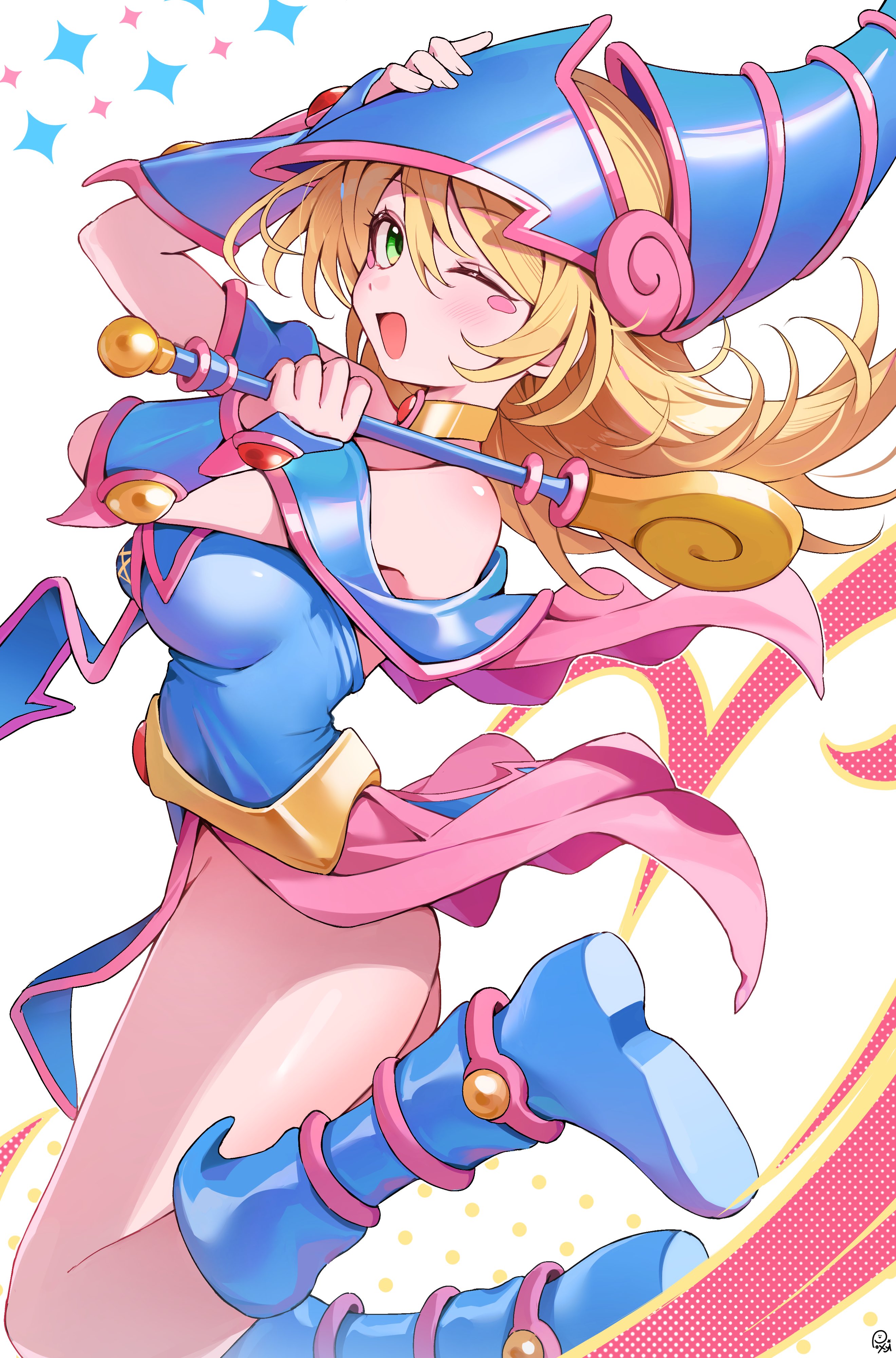 pomeo dayo, dark magician girl, yu-gi-oh!, absurdres, highres, 1girl, :d, armor, ass, bare shoulders, blonde hair, blue armor, blue boots, blue helmet, blush stickers, boots, breasts, bright pupils, brooch, choker, double-parted bangs, duel monster, four-pointed star, from side, gem, green eyes, hair between eyes, hand up, hat, helmet, holding, holding wand, jewelry, jumping, knee boots, large breasts, legs, legs up, long hair, looking to the side, no panties, one eye closed, open mouth, patterned background, pelvic curtain, pentagram, pink skirt, pink trim, signature, simple background, skirt, smile, solo, star (symbol), thighs, vambraces, wand, white background, wizard hat, yellow choker