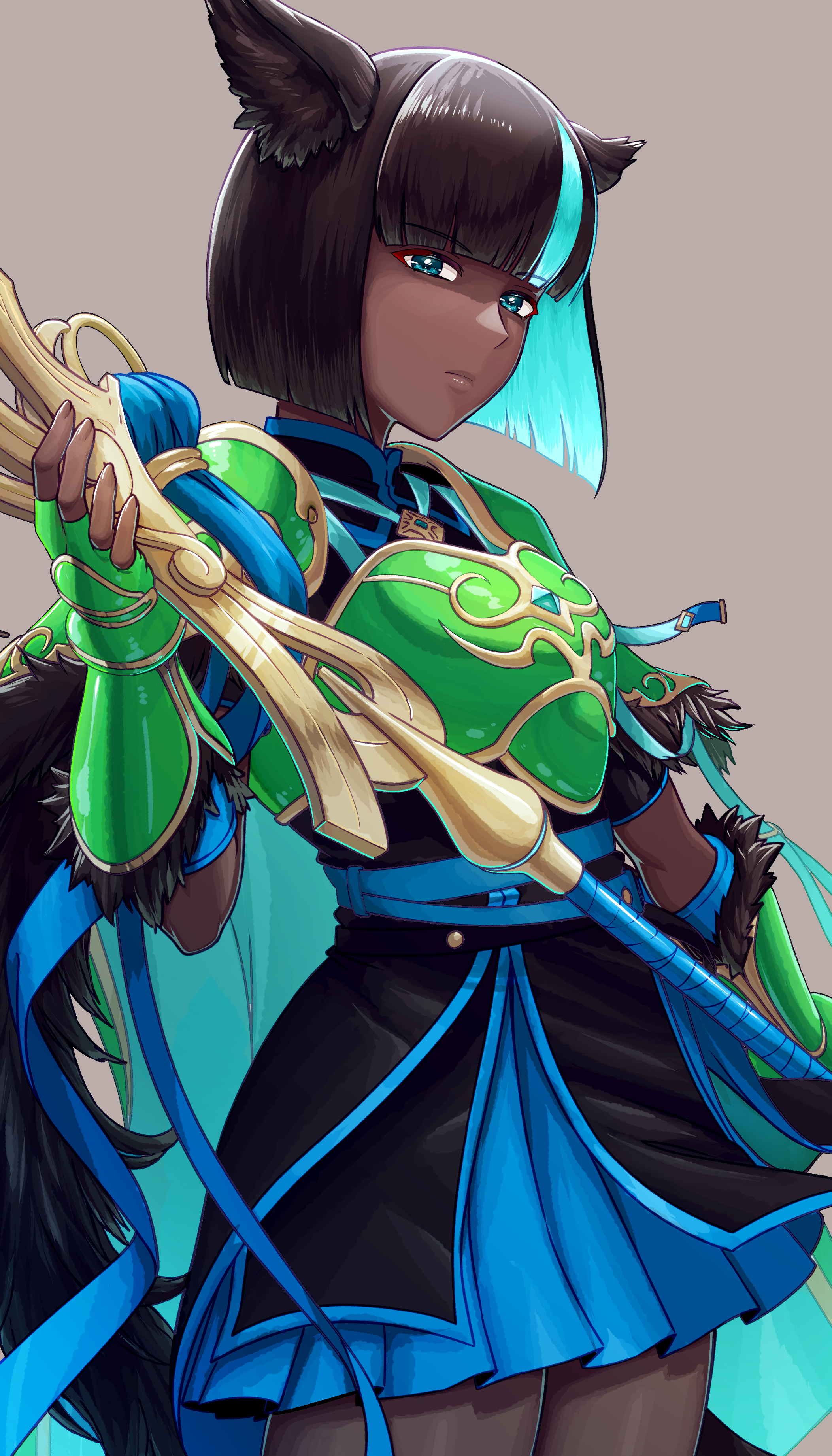 aduti momoyama, fire emblem, fire emblem shadows, nintendo, absurdres, highres, 1girl, alberta (fire emblem), animal ear fluff, animal ears, armor, armored gloves, black dress, black hair, black tunic, blue eyes, blue hair, breastplate, breasts, cape, closed mouth, colored inner hair, dark-skinned female, dark skin, dress, fingerless gloves, fur trim, gloves, green gloves, grey background, holding, holding staff, looking at viewer, multicolored hair, pantyhose, short hair, simple background, solo, staff, tunic