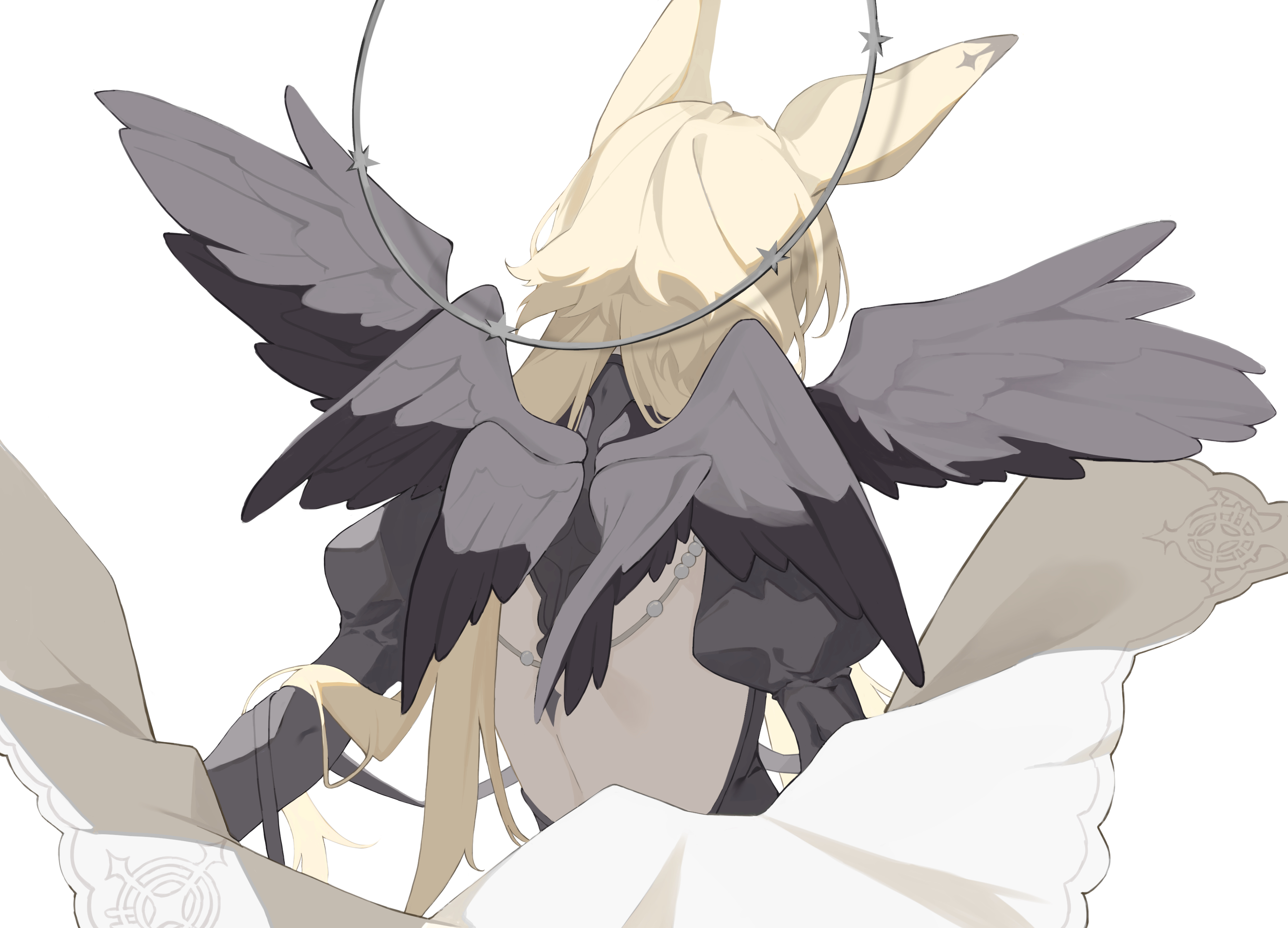 felsushi2, dorothy (arknights), dorothy (hand of destiny) (arknights), arknights, absurdres, commentary request, highres, 1girl, animal ears, backless dress, backless outfit, black dress, black halo, black wings, blonde hair, dress, facing away, feathered wings, halo, halo behind head, headdress, long hair, mouse ears, mouse girl, multiple wings, puffy sleeves, simple background, solo, star halo, upper body, veil, white background, wings
