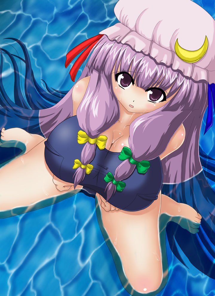 haruto, tsukudani shirou, patchouli knowledge, touhou, 1girl, barefoot, bow, breasts, cleavage, female focus, from above, hair bow, hat, large breasts, long hair, looking up, multiple hair bows, partially submerged, purple hair, ribbon, sitting, solo, swimsuit, wariza, water