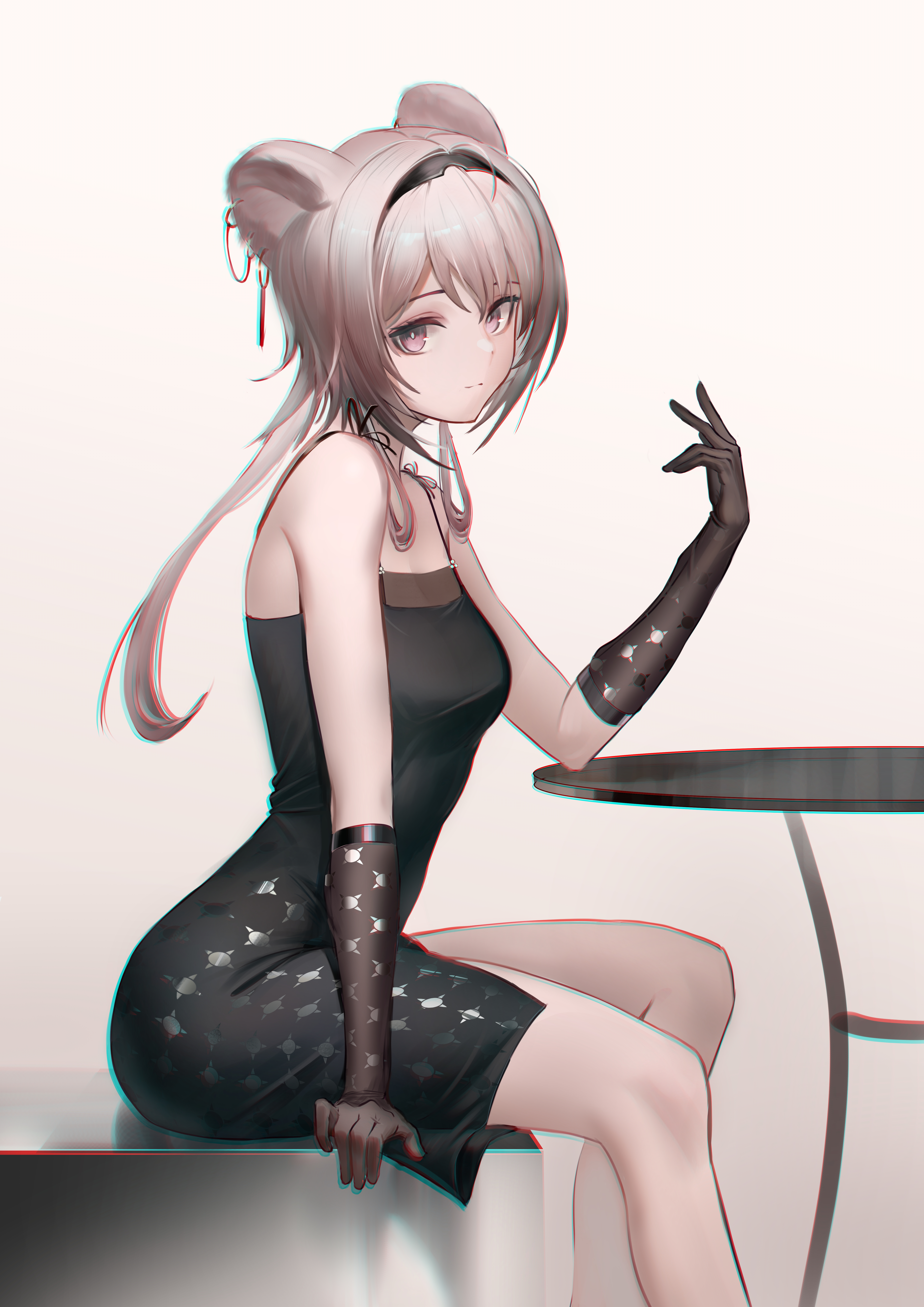 bbgg (pixiv 77795272), lin (arknights), arknights, absurdres, chinese commentary, commentary request, highres, 1girl, alternate costume, animal ear piercing, animal ears, bare shoulders, black dress, black hairband, brown gloves, closed mouth, dress, dress straps, elbow gloves, feet out of frame, gloves, grey hair, hair between eyes, hair over shoulder, hairband, long hair, looking at viewer, mouse ears, mouse girl, purple eyes, sidelocks, simple background, sitting, sleeveless, sleeveless dress, solo, table, white background