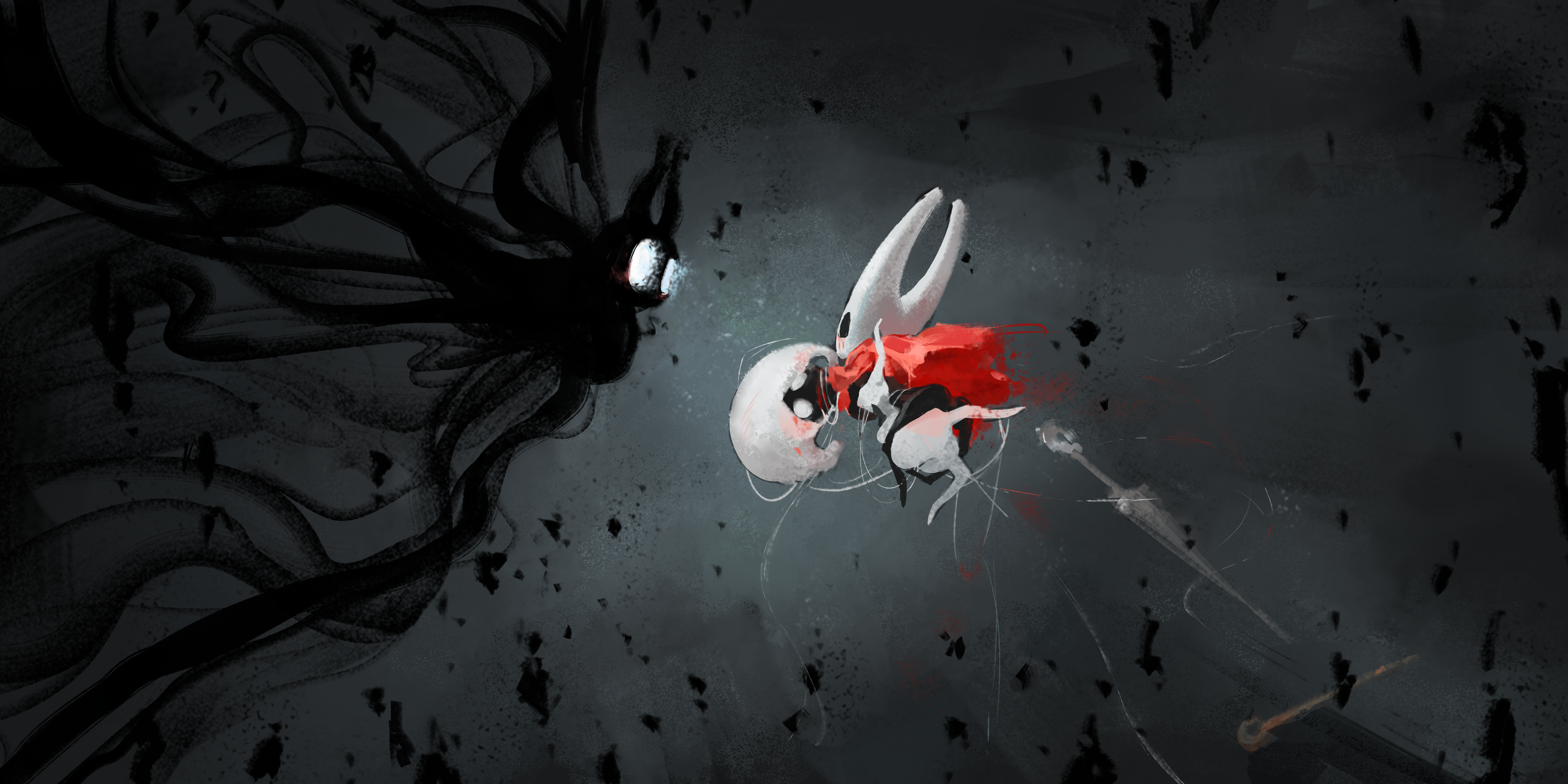 meltymap, hornet (hollow knight), knight (hollow knight), lace (hollow knight), shade (hollow knight), hollow knight, hollow knight: silksong, absurdres, highres, spoilers, 1other, 2girls, cloak, darkness, glowing, glowing eyes, multiple girls, needle (hollow knight), pin (hollow knight), red cloak, white hair