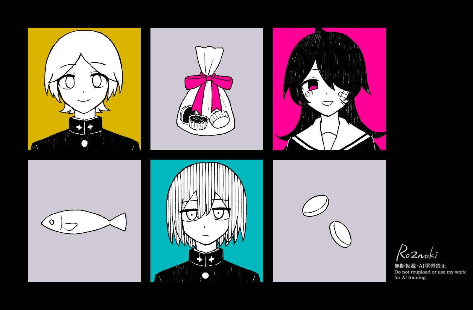 commentary request, highres, 1girl, 2boys, bag, blush, chocolate, closed mouth, column lineup, dead end chocolate (vocaloid), fish, frown, gakuran, gauze, gauze on cheek, greyscale with colored background, hair over one eye, ichinose chifuyu, jitome, long hair, looking at viewer, multiple boys, ninomiya yuuki, one eye covered, open mouth, parted bangs, pill, pink eyes, portrait, ro2noki, sailor collar, school uniform, short hair, signature, smile, spot color, valentine, yotsuya moe