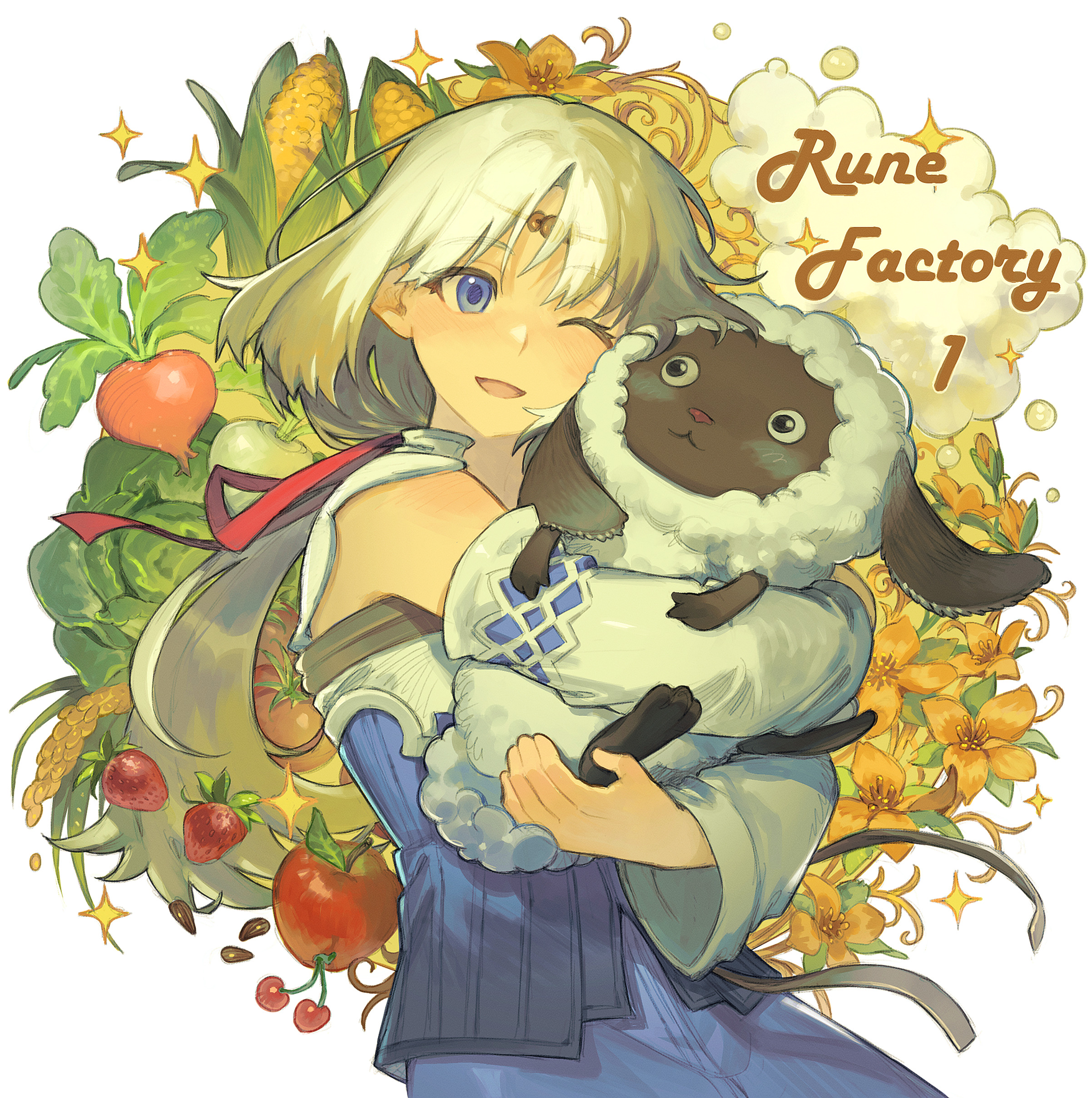 9twoeight, mist (rune factory), rune factory, rune factory 1, absurdres, commentary, commission, english commentary, highres, 1girl, ;d, animal, apple, blonde hair, blue dress, blue eyes, cabbage, cherry, copyright name, corn, detached sleeves, dress, flower, food, fruit, hair ribbon, holding, holding animal, hug, long hair, long sleeves, low ponytail, mokomoko (rune factory), one eye closed, open mouth, parted bangs, ponytail, ribbon, sheep, smile, solo, sparkle, tomato, turnip, yellow flower