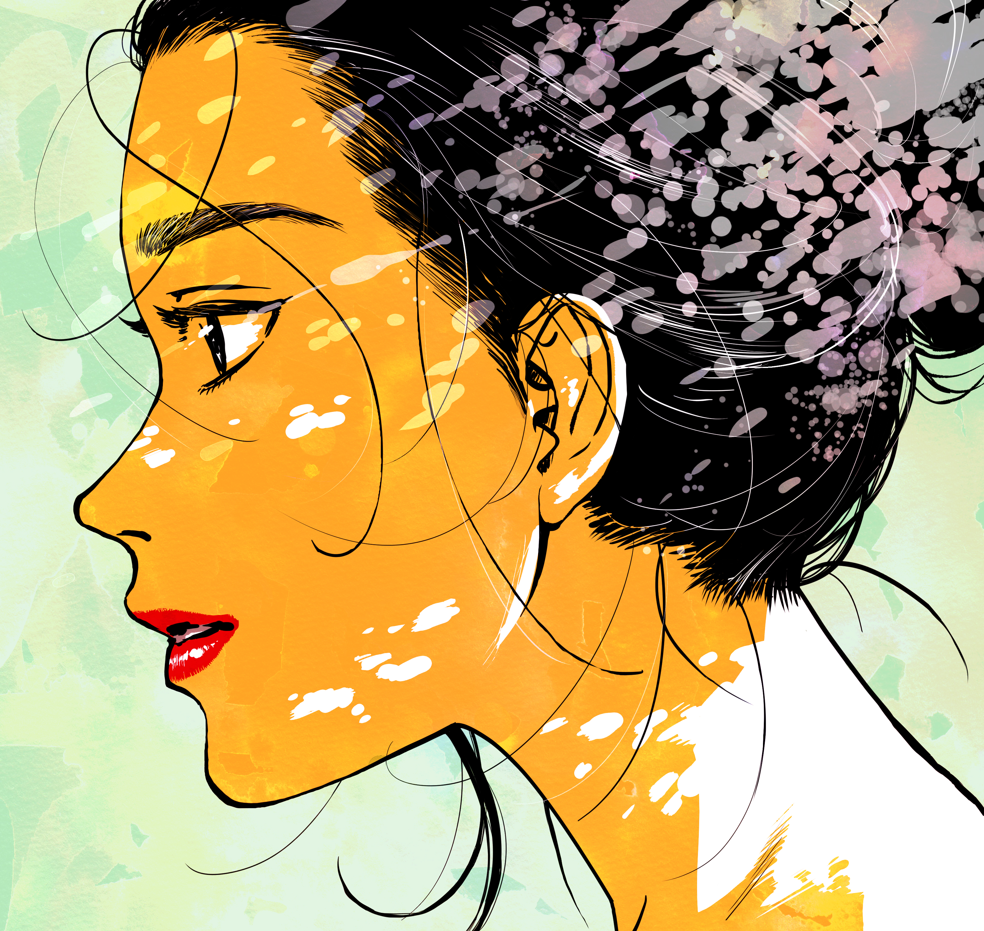 absurdres, highres, 1girl, album cover, black hair, cover, from side, green background, hair bun, kozaki ai, long hair, mass of the fermenting dregs, parted lips, portrait, profile, red lips, sidelighting, simple background, solo