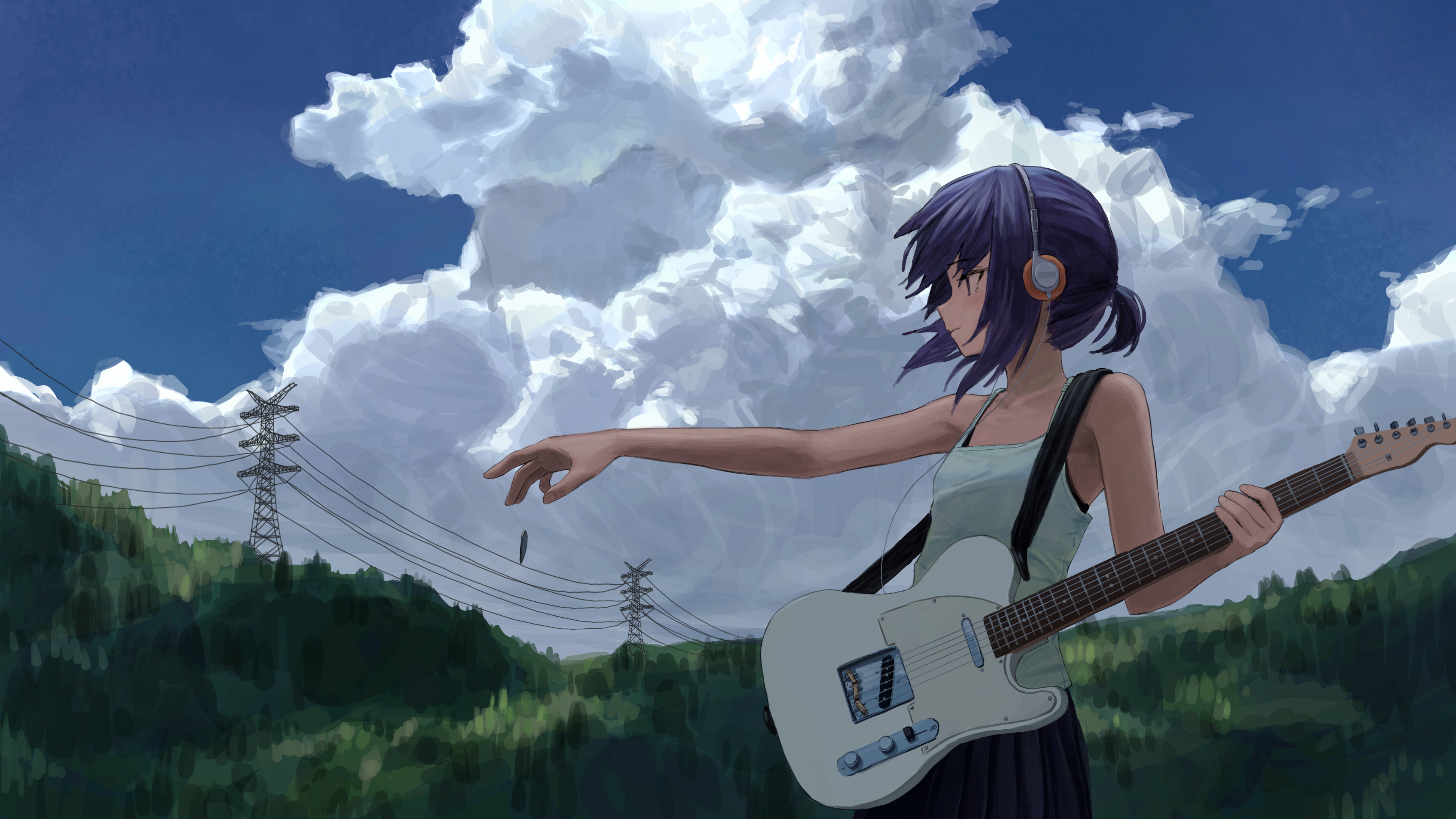 an yb, original, absurdres, commentary request, highres, 1girl, blue eyes, blue hair, blue skirt, blue sky, camisole, closed mouth, cloud, cumulonimbus cloud, day, electric guitar, fender telecaster, from side, guitar, headphones, holding, holding instrument, instrument, mountainous horizon, outdoors, outstretched arm, pleated skirt, plectrum, ponytail, power lines, profile, short ponytail, skirt, sky, solo, transmission tower, white camisole