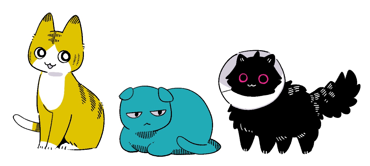 inemuri (jdq5e), :3, animalization, black cat, blue fur, cat, dead end chocolate (vocaloid), ichinose chifuyu, lineup, looking at viewer, ninomiya yuuki, no humans, pet cone, pink eyes, simple background, striped fur, white background, yellow fur, yotsuya moe