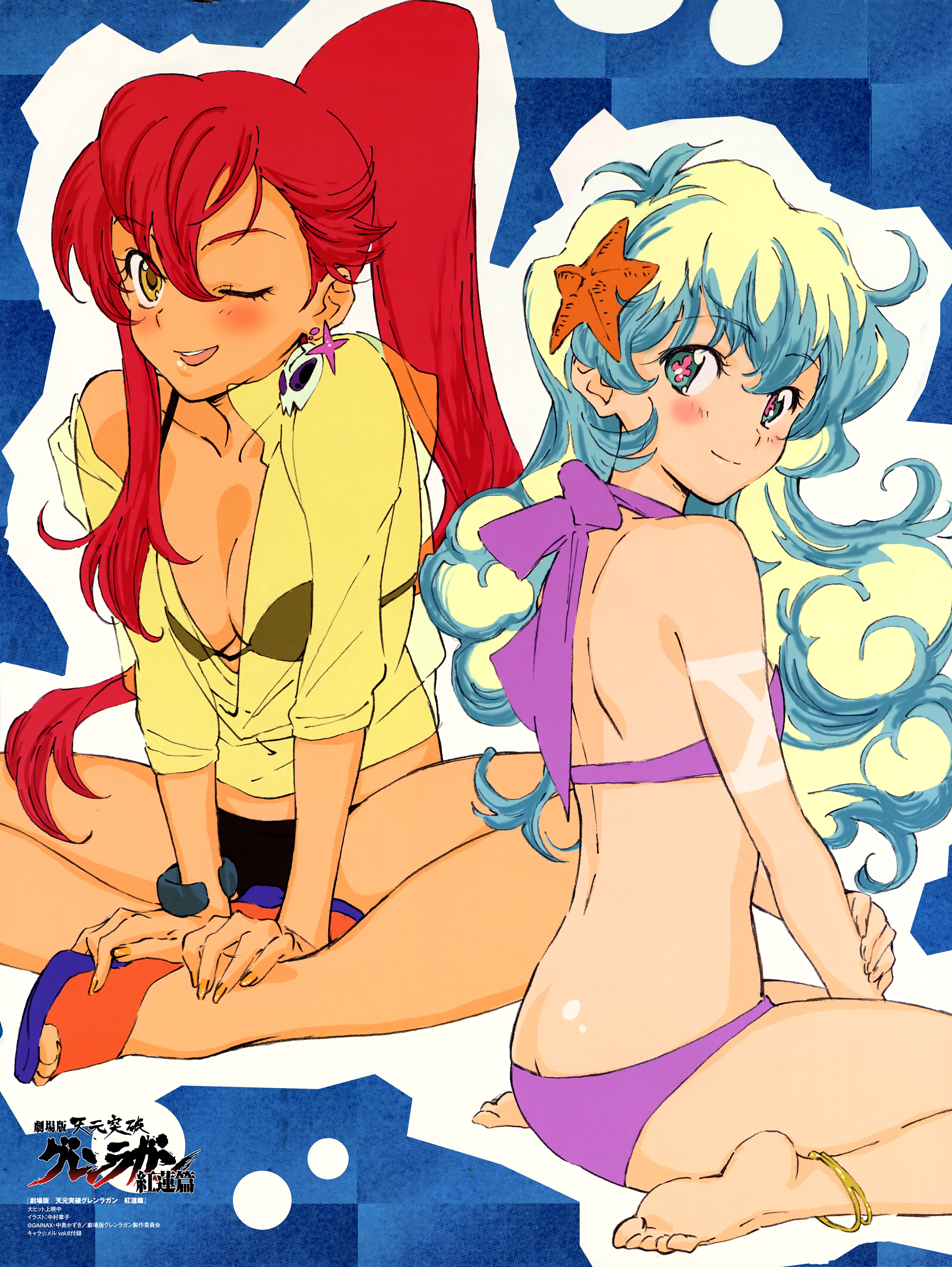 nakamura shouko, nia teppelin, yoko littner, charamel, tengen toppa gurren lagann, absurdres, highres, official art, scan, + +, 00s, 2girls, anklet, barefoot, bikini, blush, breasts, cleavage, cross-shaped pupils, feet, hands on feet, indian style, jewelry, long hair, medium breasts, multiple girls, one eye closed, ponytail, purple bikini, red hair, sitting, small breasts, smile, soles, swimsuit, symbol-shaped pupils, tan, tanline, toes, wariza, wink, yellow eyes