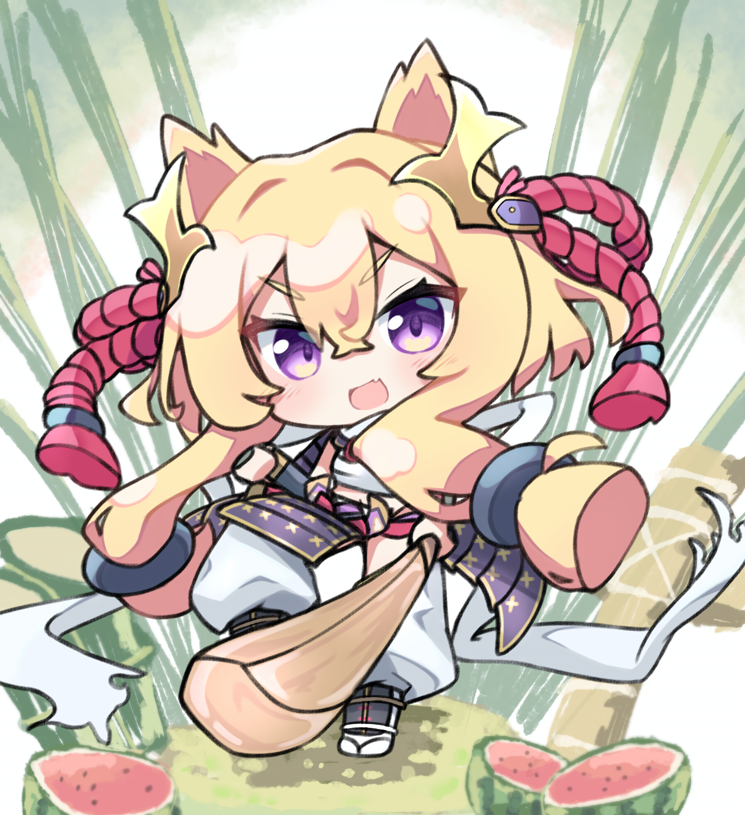 yuuhikureroom6, warspite (azur lane), warspite (the grand old lady sunders all) (azur lane), azur lane, absurdres, highres, 1girl, :d, bamboo, blonde hair, chest sarashi, chibi, chibi only, crossed bangs, fang, food, fruit, japanese clothes, long hair, looking at viewer, official alternate costume, open mouth, purple eyes, ronin, sarashi, skin fang, smile, solo, watermelon