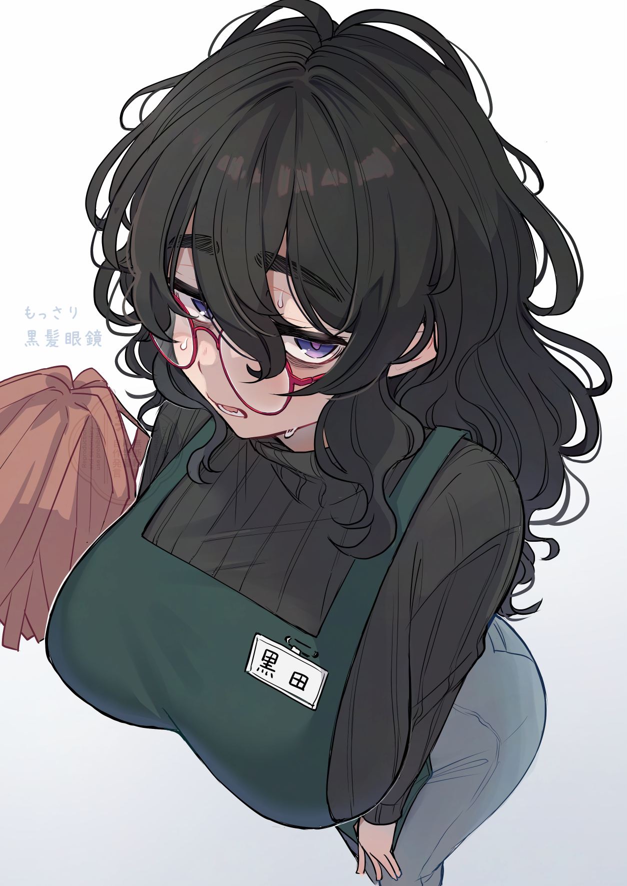 bunsai, original, bad perspective, highres, 1girl, apron, ass, black hair, breasts, glasses, grey pants, hair between eyes, jimiko, large breasts, long hair, mop, name tag, pants, purple eyes, red-framed eyewear, ribbed sweater, standing, sweat, sweater, thick eyebrows, watermark, white background