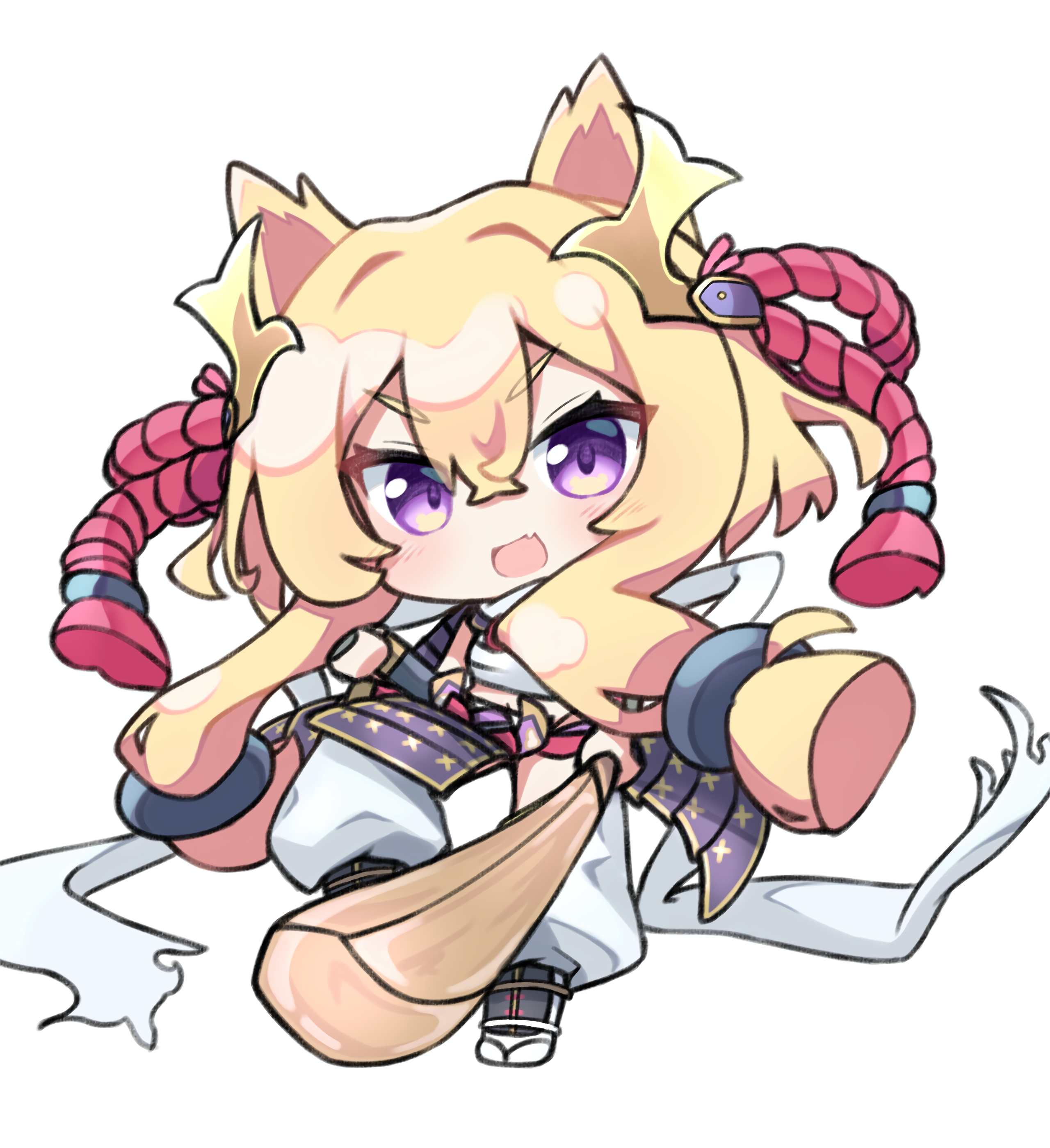 yuuhikureroom6, warspite (azur lane), warspite (the grand old lady sunders all) (azur lane), azur lane, absurdres, highres, 1girl, :d, blonde hair, chest sarashi, chibi, chibi only, crossed bangs, fang, japanese clothes, long hair, looking at viewer, official alternate costume, open mouth, purple eyes, ronin, sarashi, skin fang, smile, solo