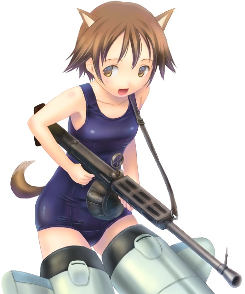 sabamu, miyafuji yoshika, strike witches, world witches series, 00s, 1girl, animal ears, brown eyes, brown hair, drum magazine, female focus, gun, machine gun, magazine (weapon), one-piece swimsuit, school swimsuit, short hair, solo, striker unit, swimsuit, tail, weapon