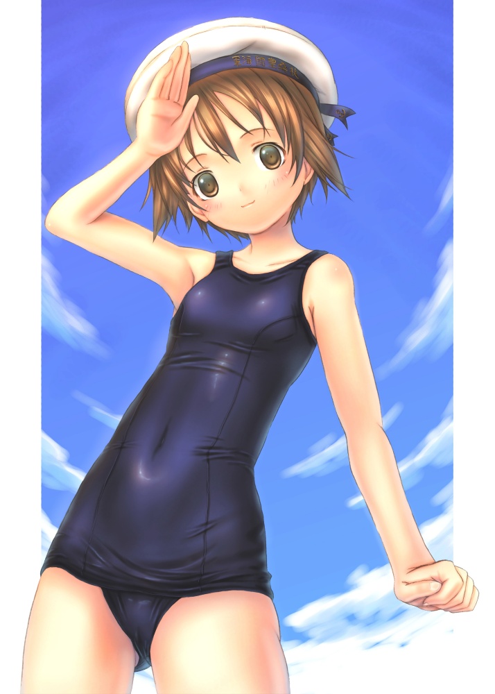 sabamu, miyafuji yoshika, strike witches, world witches series, 00s, 1girl, brown eyes, brown hair, female focus, hat, one-piece swimsuit, salute, school swimsuit, shiny clothes, short hair, skindentation, solo, swimsuit