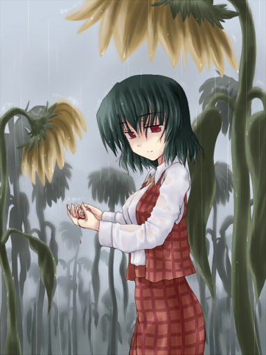 creaholic, toshihiro, kazami yuuka, touhou, 1girl, blood, blood drip, female focus, flower, green hair, plaid clothes, plaid skirt, plaid vest, rain, red eyes, short hair, skirt, skirt set, solo, sunflower, vest