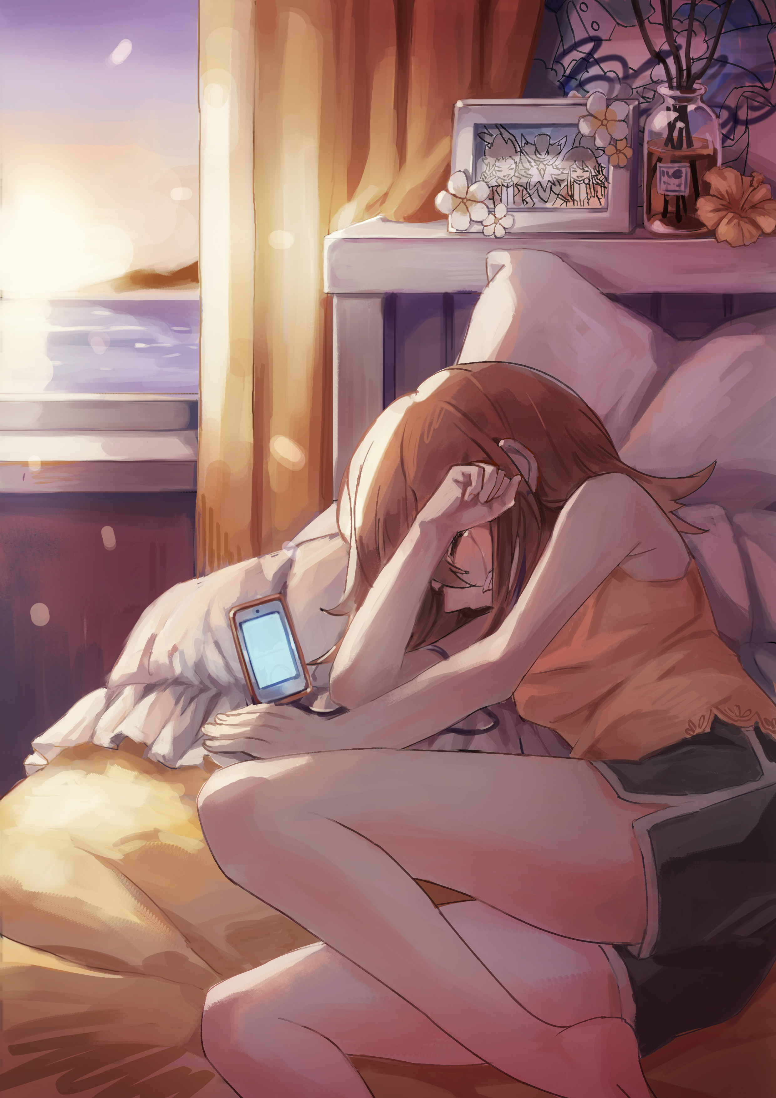 ben (pokemon), lisia (pokemon), staraptor, summer (pokemon), nintendo, pokemon, pokemon oras, pokemon ranger: guardian signs, pokemon ranger (series), absurdres, highres, 1girl, alternate costume, bed, brown hair, crying, curtains, gen 4 pokemon, indoors, medium hair, nizinoazuki, on bed, photo (object), picture frame, pillow, shirt, shorts, sleeveless, sleeveless shirt, solo, tears