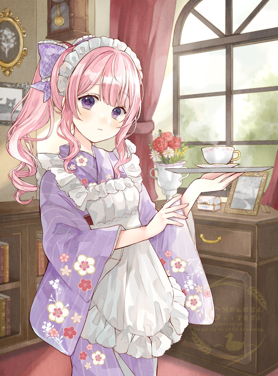 tententuyu, indie virtual youtuber, commentary request, highres, 1girl, apron, blush, book, bow, cat, center-flap bangs, clock, cup, curtains, dot nose, double-parted bangs, drawer, drill hair, drill ponytail, feet out of frame, floral print, floral print kimono, flower, frilled apron, frilled bow, frills, high ponytail, holding, holding plate, indoors, japanese clothes, kimono, long hair, long sleeves, looking at viewer, maid, maid apron, maid headdress, parted lips, pendulum clock, picture frame, pink hair, plate, ponytail, print kimono, purple bow, purple eyes, purple kimono, red flower, red rose, rose, saucer, shitou meru, sidelocks, solo, standing, sunlight, teacup, vase, virtual youtuber, wa maid, watermark, white apron, white flower, wide sleeves, window
