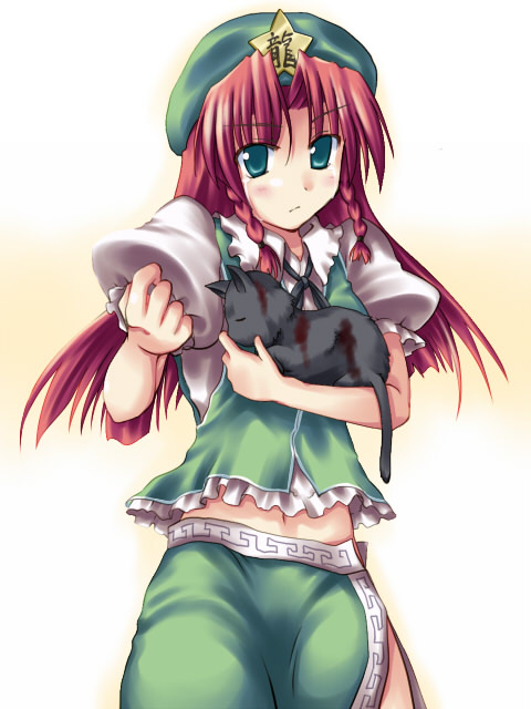 creaholic, toshihiro, hong meiling, touhou, 1girl, blood, cat, china dress, chinese clothes, dress, female focus, hat, long hair, red hair, solo