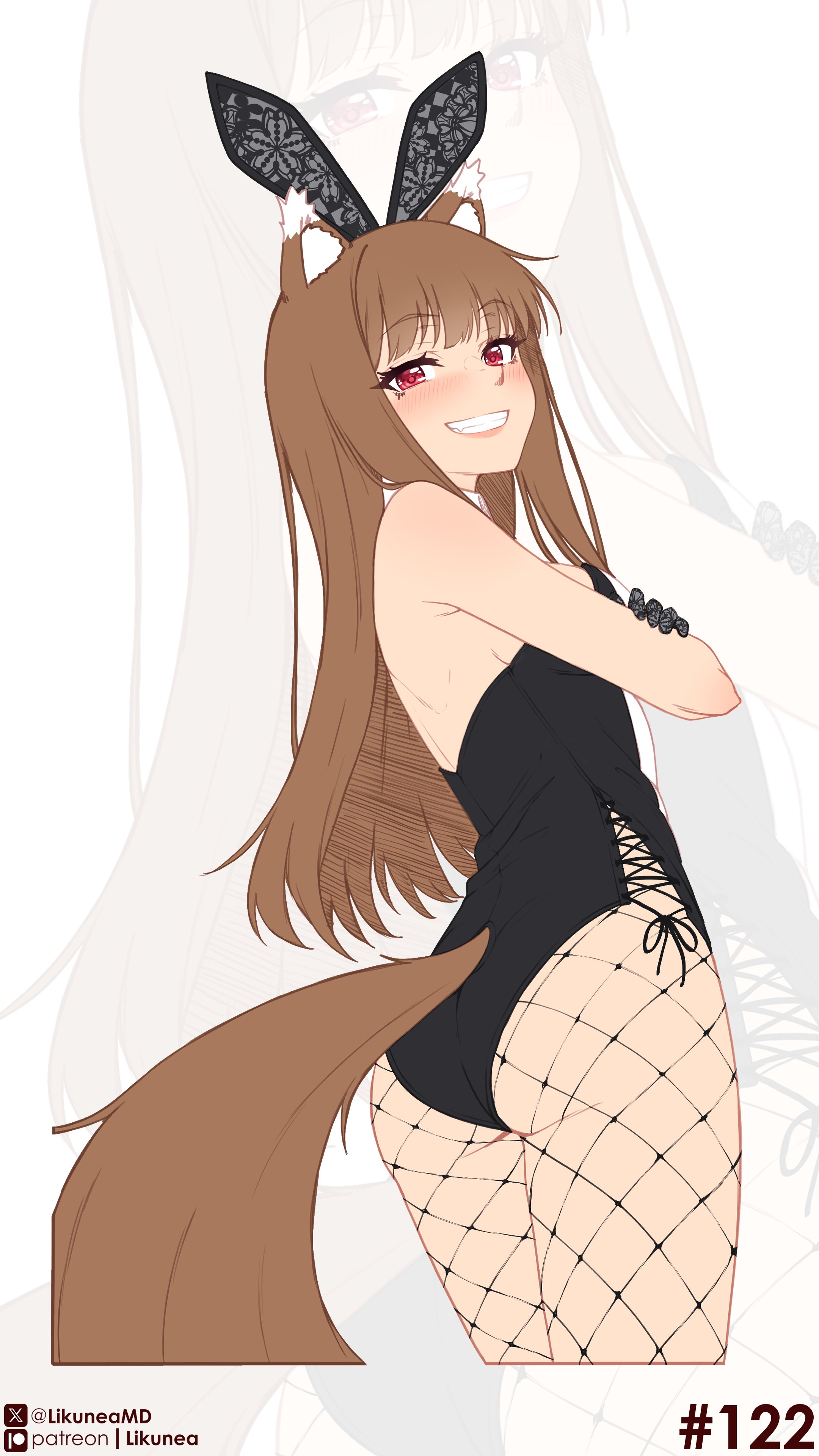 likunea, holo, spice and wolf, absurdres, commentary, english commentary, highres, 1girl, animal ear fluff, animal ear hairband, animal ears, ass, bare shoulders, black gloves, black leotard, blunt bangs, breasts, brown hair, clenched teeth, crossed arms, fake animal ears, fang, fishnet pantyhose, fishnets, gloves, hairband, leotard, long hair, looking at viewer, multicolored leotard, official alternate costume, pantyhose, patreon logo, patreon username, playboy bunny, rabbit ear hairband, rabbit ears, red eyes, small breasts, solo, standing, tail, teeth, thighs, twitter username, twitter x logo, two-tone leotard, wolf ears, wolf girl, wolf tail, zoom layer