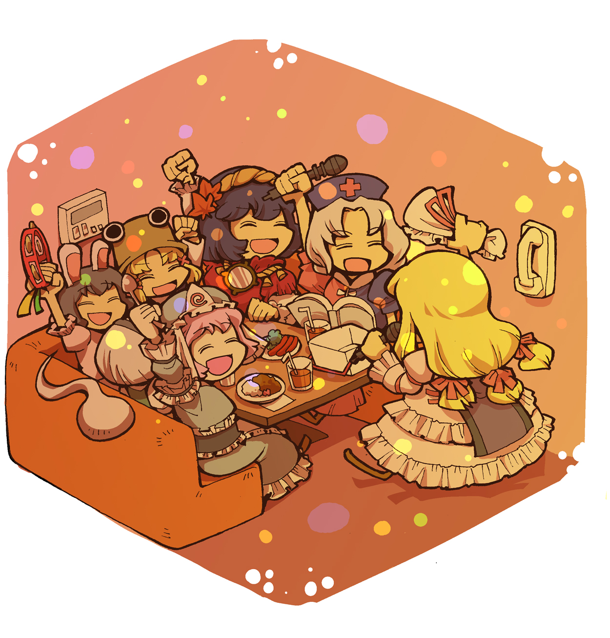 hounori, inaba tewi, konpaku youmu, konpaku youmu (ghost), moriya suwako, saigyouji yuyuko, yagokoro eirin, yakumo yukari, yasaka kanako, touhou, highres, 6+girls, chibi, everyone, female focus, karaoke, multiple girls, music, singing