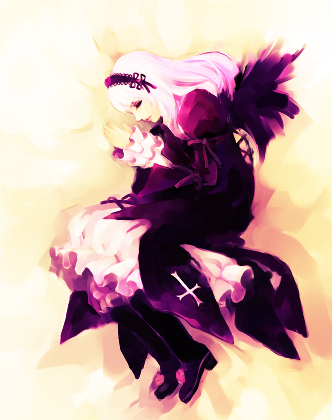 hironox, suigintou, rozen maiden, 00s, closed eyes, long hair, pink hair, sleeping, solo, wings