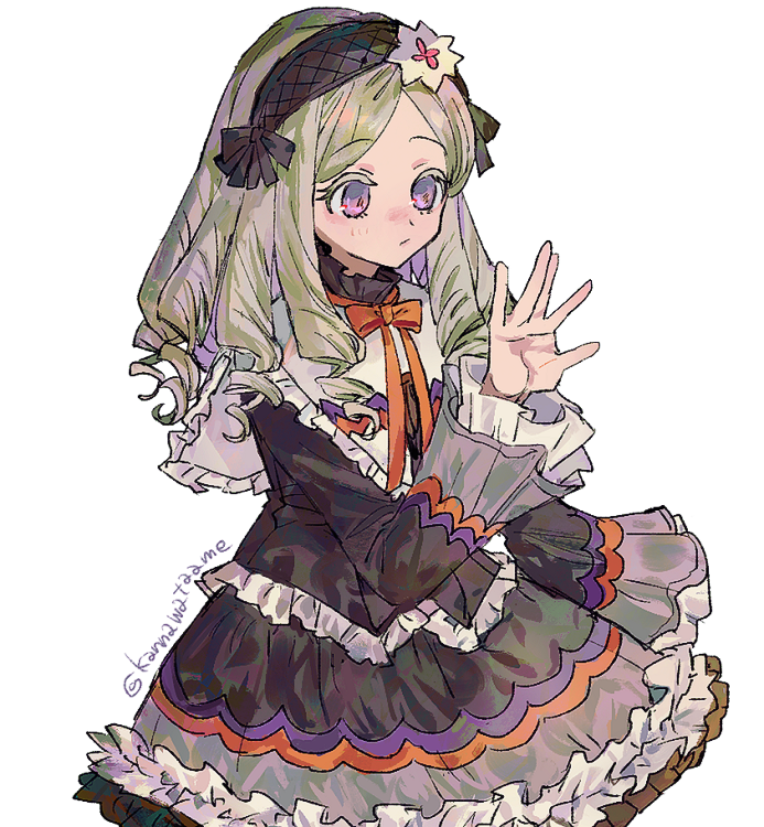 shourou kanna, rune factory, rune factory 2, commentary request, 1girl, black dress, black hairband, closed mouth, dress, drill hair, flower, frilled dress, frilled sleeves, frills, hair flower, hair ornament, hairband, hand up, julia (rune factory), lolita fashion, long hair, long sleeves, neck ribbon, orange ribbon, purple eyes, ribbon, simple background, solo, standing, swept bangs, twitter username, white background, white flower