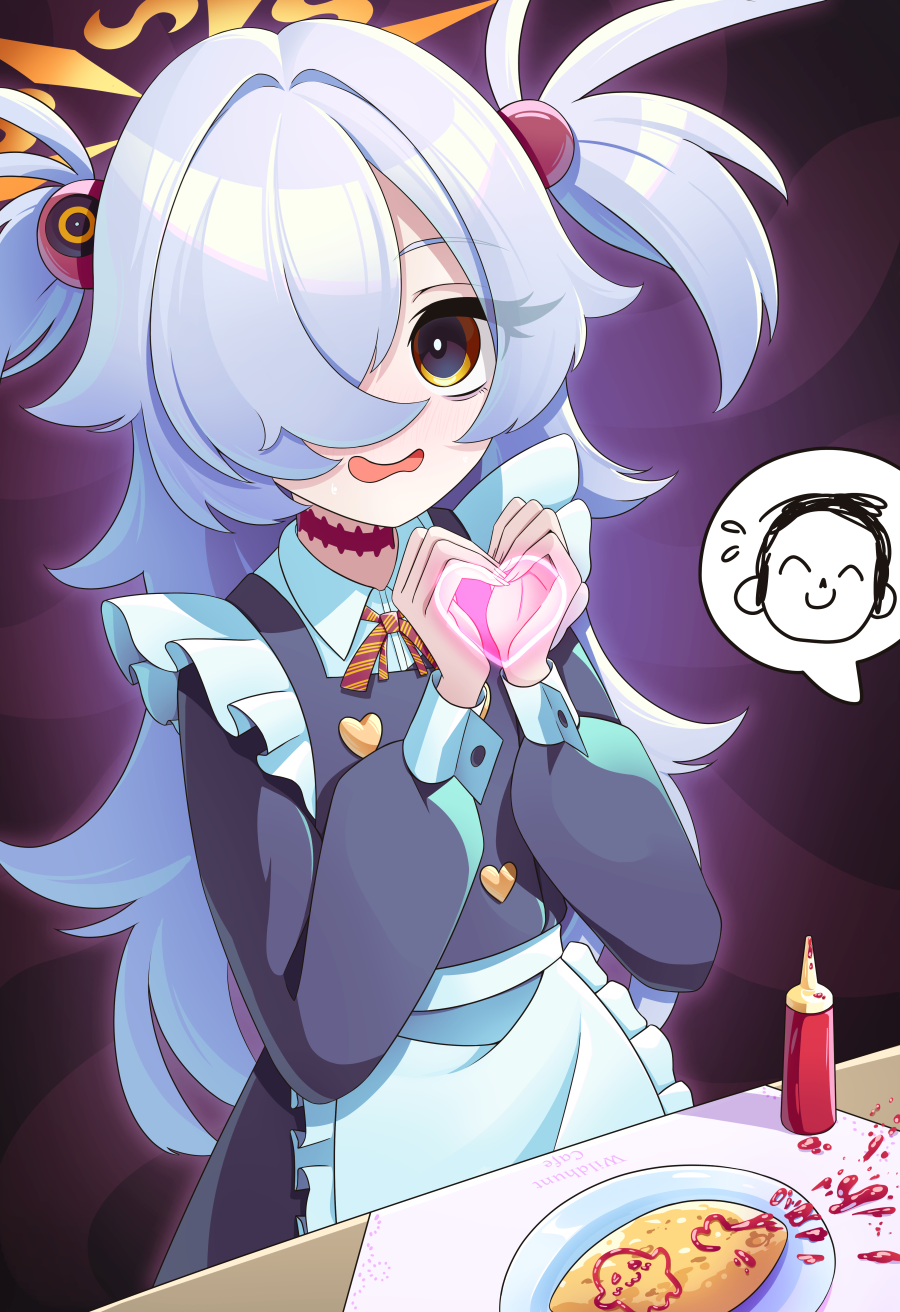 pankeiki, doodle sensei (blue archive), kanoe (blue archive), sensei (blue archive), blue archive, highres, alternate costume, apron, bow, brown halo, diagonal-striped bow, diagonal-striped ribbon, enmaided, flask, food, food writing, frilled apron, frills, hair over one eye, halo, heart, heart hands, ketchup, ketchup bottle, looking at viewer, maid, nervous smile, omelet, omurice, plate, scar, scar on neck, smile, striped bow, two side up, waist apron, white apron