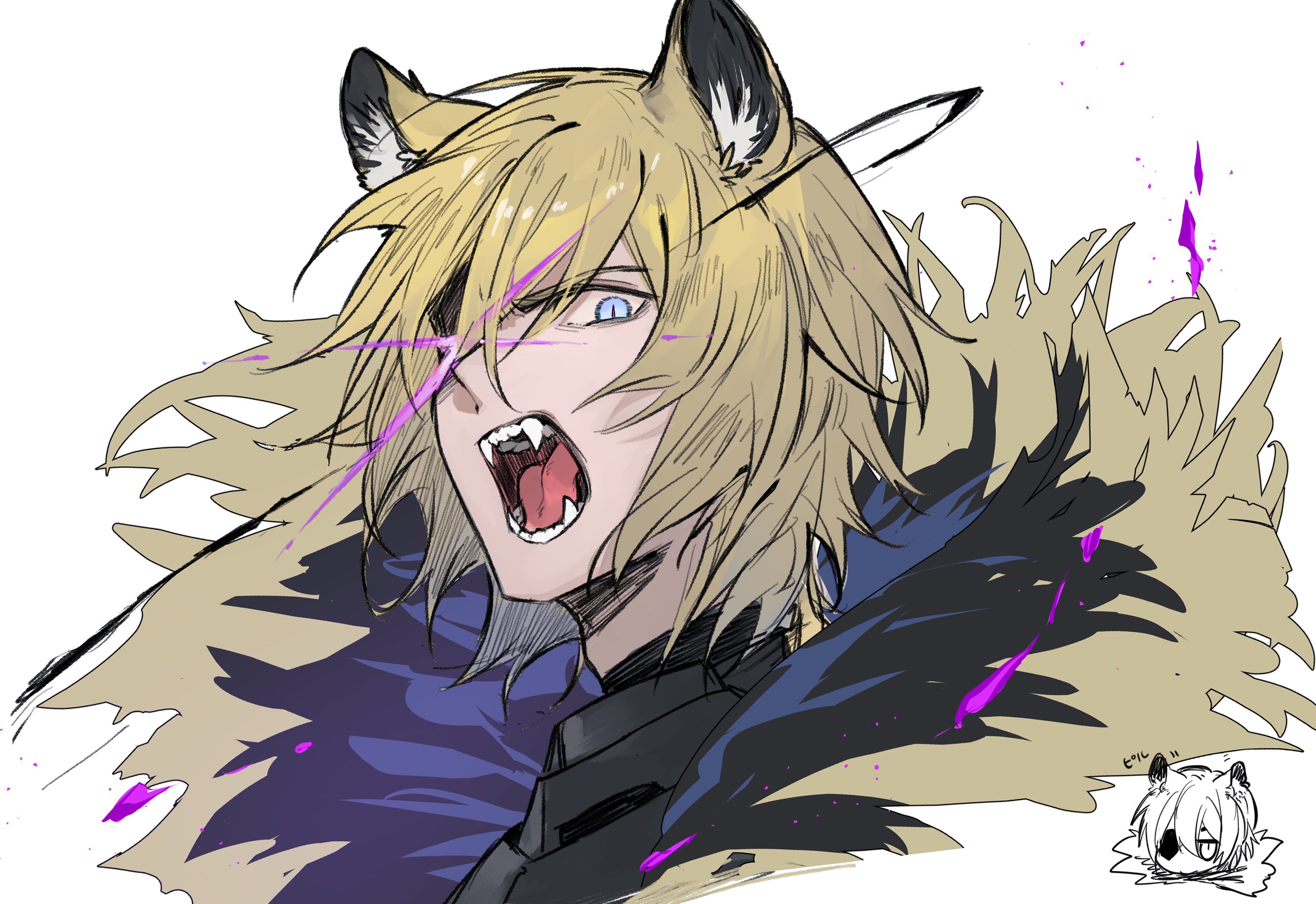 yakota (usuk-yako), dimitri alexandre blaiddyd, dimitri alexandre blaiddyd (timeskip), fire emblem, fire emblem shadows, nintendo, commentary request, highres, 1boy, animal ear fluff, animal ears, armor, black armor, black fur, blonde hair, blue eyes, breastplate, cropped shoulders, dimitri alexandre blaiddyd (blue lion), fangs, glowing, glowing eye, lion boy, lion ears, looking to the side, male focus, medium hair, open mouth, parted bangs, simple background, slit pupils, solo, teeth, tongue, white background, white fur