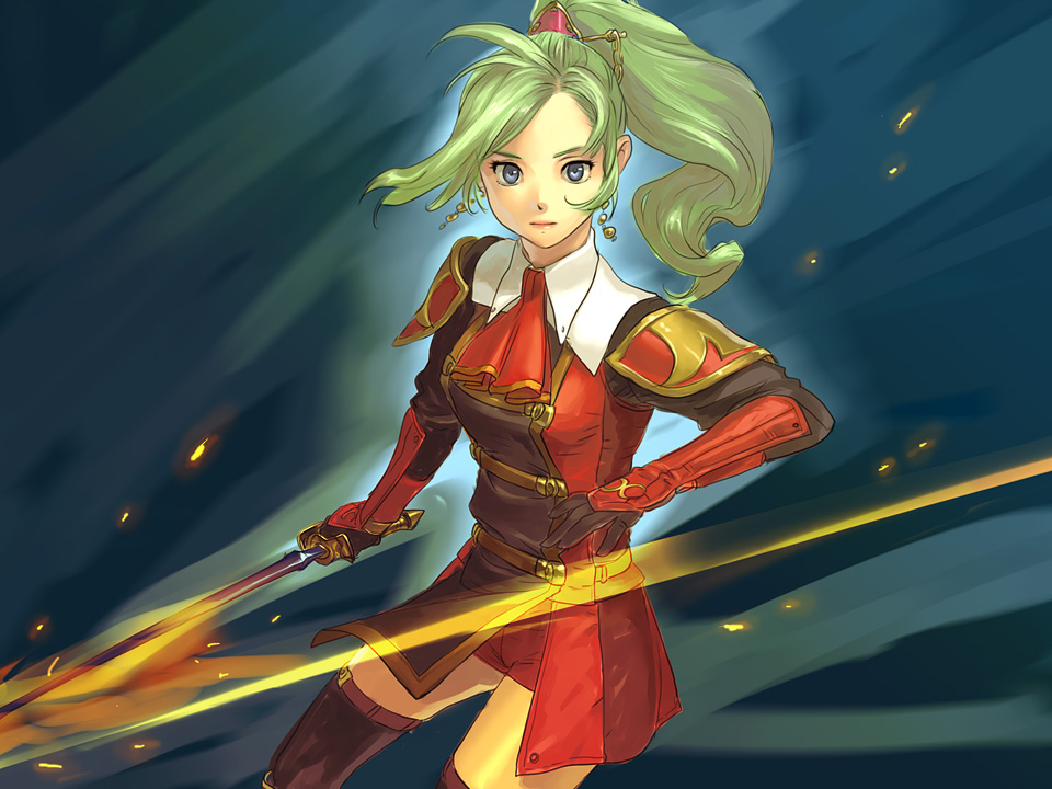 yuccoshi, red mage (final fantasy), tina branford, final fantasy, final fantasy vi, final fantasy xi, 1girl, blue eyes, cosplay, earrings, female focus, green hair, hume, jewelry, long hair, ponytail, solo, sword, thighhighs, weapon