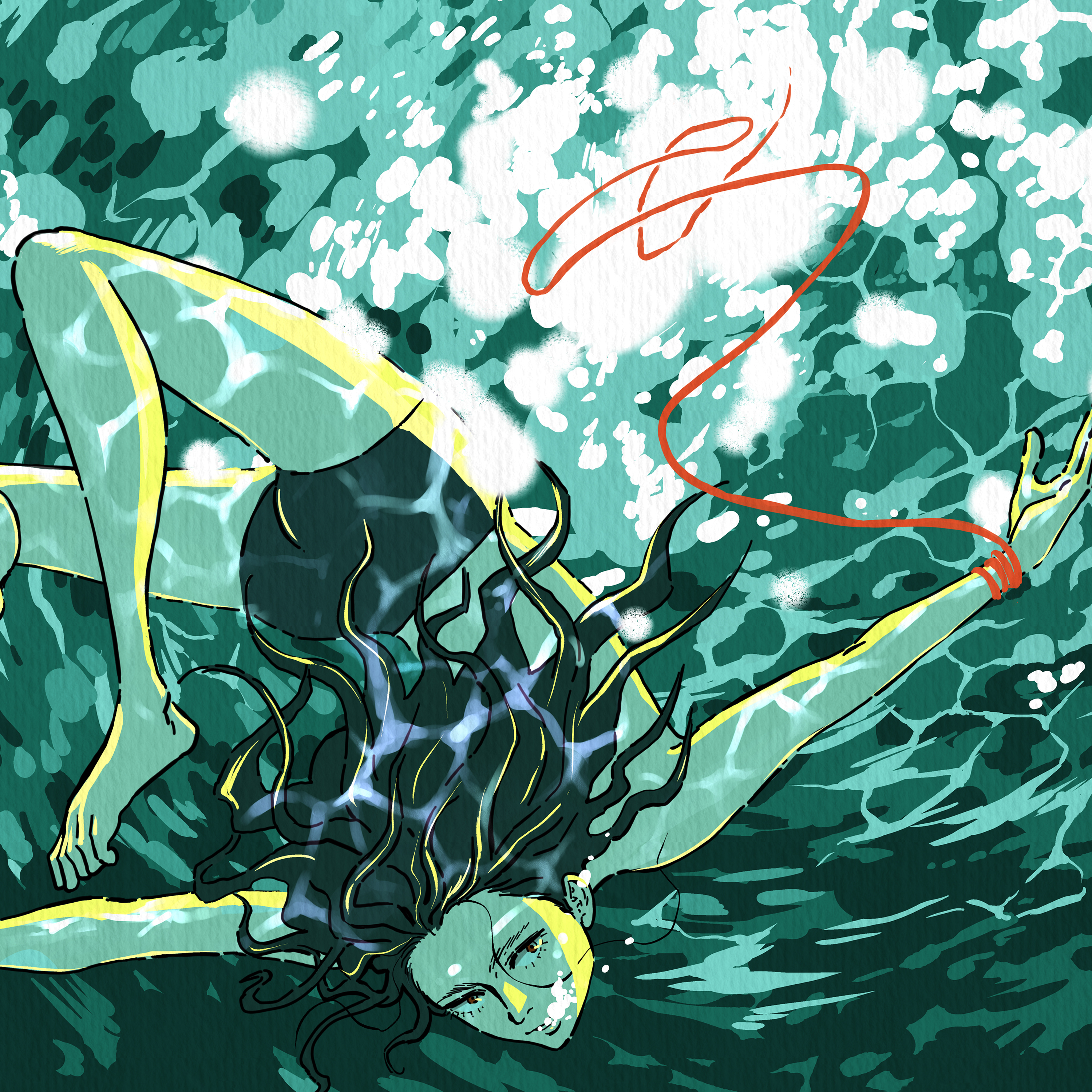 absurdres, highres, 1girl, air bubble, album cover, bikini, bikini bottom only, black hair, brown eyes, bubble, caustics, cover, foot out of frame, freediving, green theme, kozaki ai, long hair, looking to the side, mass of the fermenting dregs, solo, swimsuit, topless female, underwater