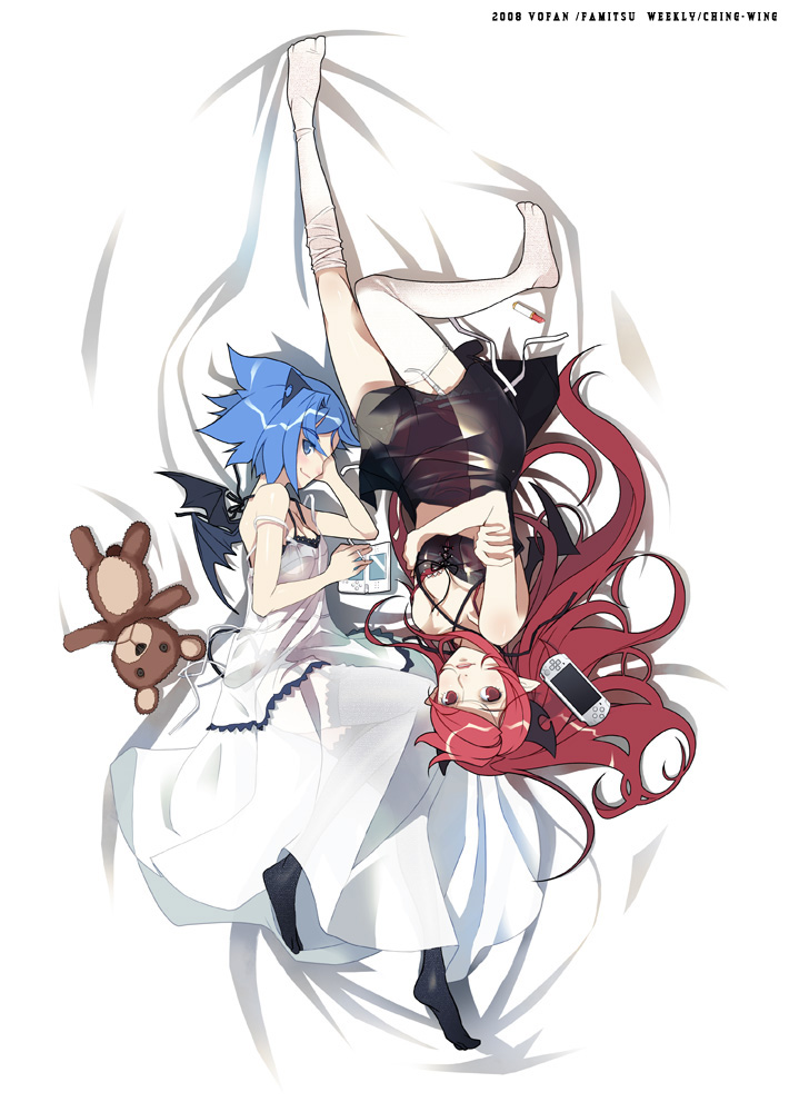 vofan, original, 2girls, bat wings, blue eyes, blue hair, feet, garter belt, handheld game console, legs, long hair, lying, multiple girls, nintendo ds, playing games, playstation portable, pointy ears, red eyes, red hair, see-through clothes, short hair, strap slip, thighhighs, video game, wings