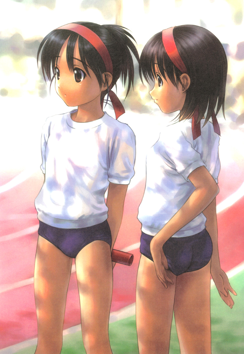 goto p, highres, 2girls, ass, black hair, brown eyes, dark-skinned female, dark skin, gym uniform, headband, multiple girls, ponytail, relay baton, short hair, tan