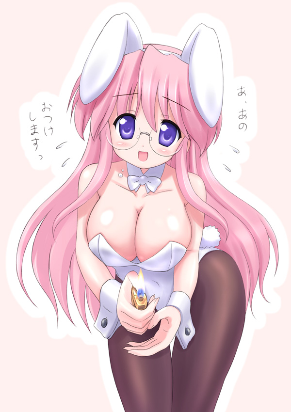 kishi nisen, takara miyuki, lucky star, translation request, 00s, 1girl, animal ears, bent over, breasts, cleavage, fake animal ears, female focus, glasses, large breasts, lighter, long hair, pantyhose, pink hair, playboy bunny, purple eyes, rabbit ears, solo, tail, wrist cuffs