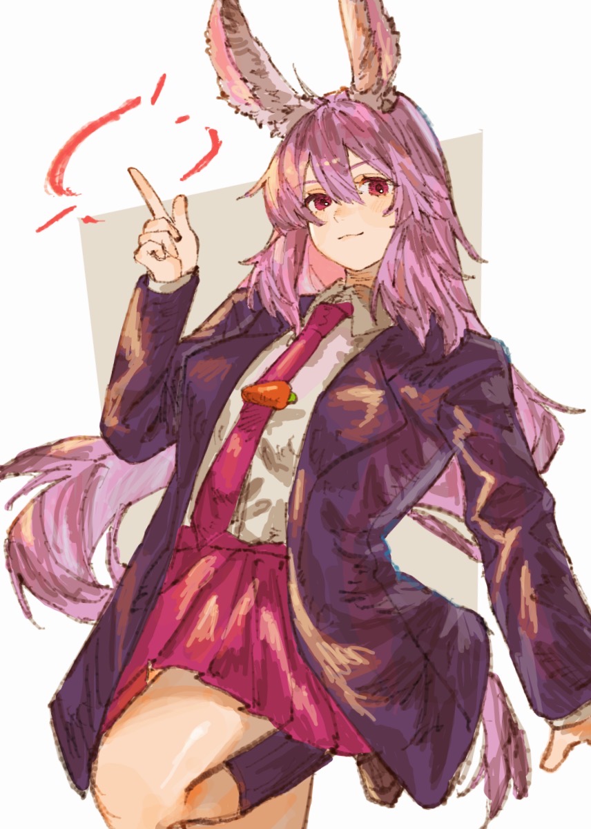 oftooon, reisen udongein inaba, touhou, commentary, highres, 1girl, animal ears, black jacket, hair between eyes, index finger raised, jacket, long hair, looking at viewer, necktie, pink hair, rabbit ears, rabbit girl, red eyes, red necktie, red skirt, shirt, skirt, smile, solo, standing, standing on one leg, white shirt