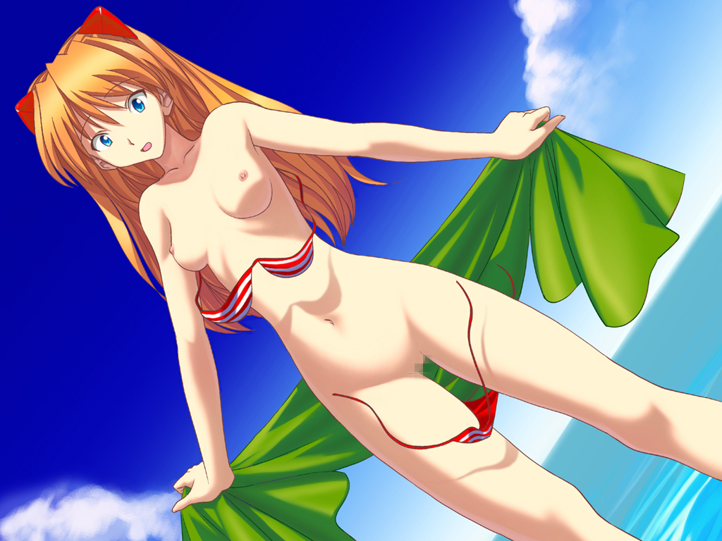a1 (initial-g), souryuu asuka langley, neon genesis evangelion, non-web source, 1girl, :o, beach towel, bikini, blue eyes, breasts, censored, cloud, day, dutch angle, female focus, hair ornament, holding, long hair, mosaic censoring, navel, nipples, ocean, orange hair, outdoors, public indecency, public nudity, pussy, red bikini, red hair, sarong, side-tie bikini bottom, skinny, sky, small breasts, solo, standing, striped bikini, striped clothes, surprised, swimsuit, towel, untied bikini, unworn sarong, wardrobe malfunction, water, white bikini