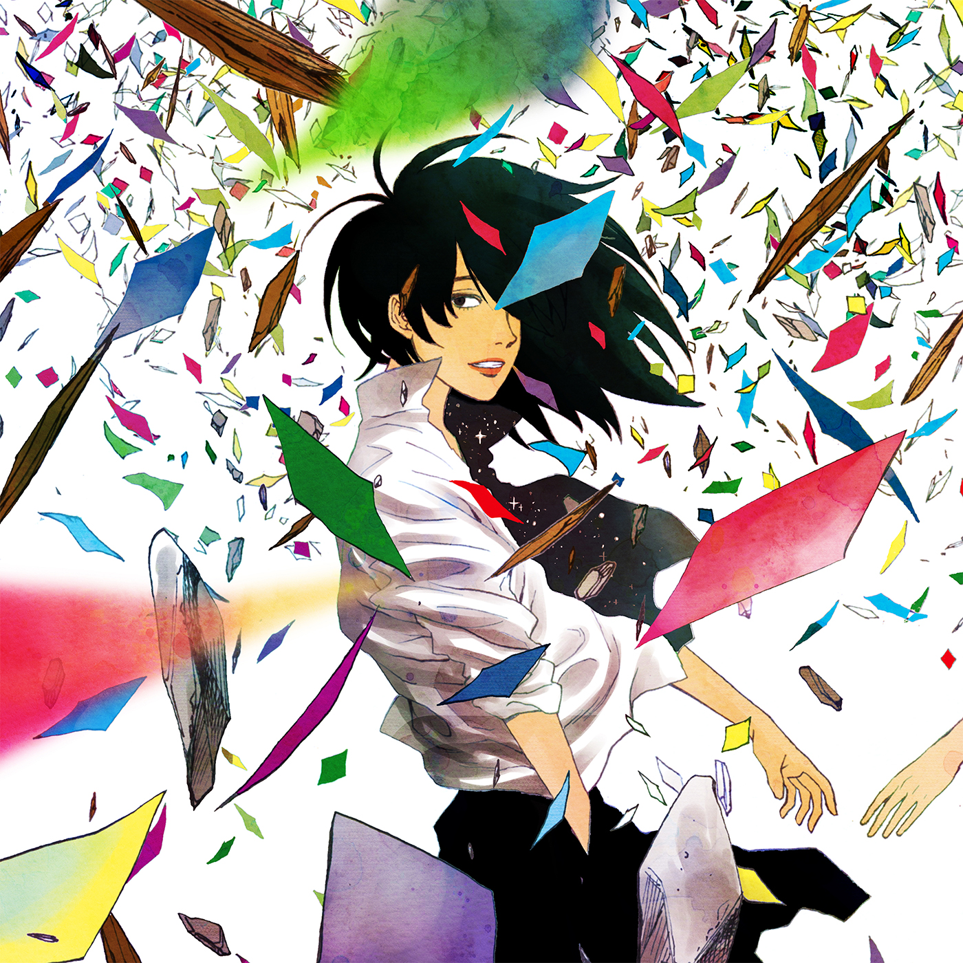 highres, 1girl, album cover, black hair, black skirt, blurry, blurry foreground, collared shirt, confetti, cover, cowboy shot, hair over one eye, kozaki ai, long hair, long sleeves, looking at viewer, mass of the fermenting dregs, out of frame, shirt, skirt, smile, solo, white background, white shirt