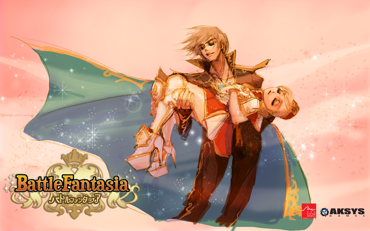 iwasaki emiko, ashley loveless, olivia von roselia, arc system works, battle fantasia, 1boy, 1girl, carrying, princess, princess carry