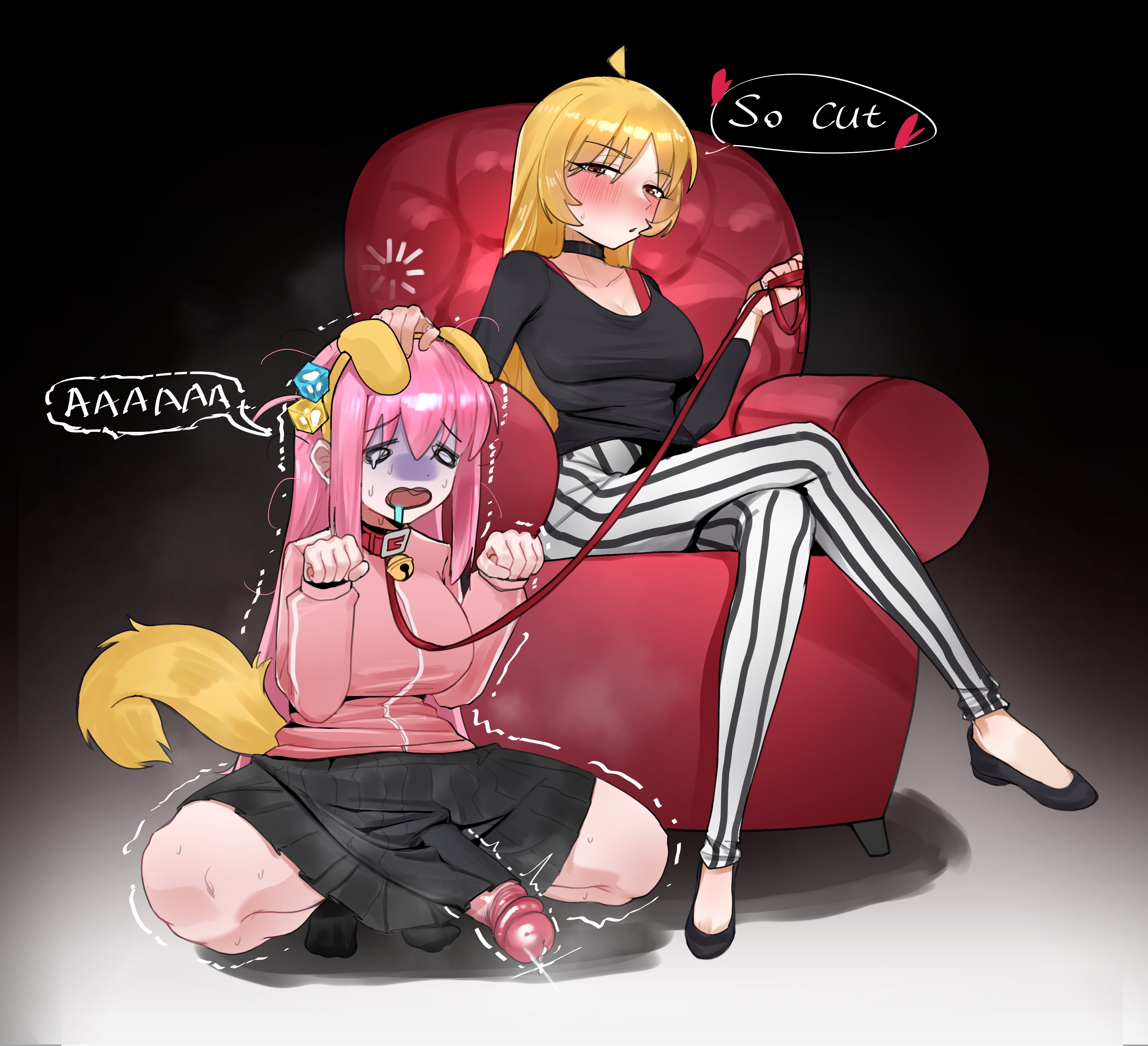 shangdong, gotoh hitori, ijichi seika, bocchi the rock!, absurdres, highres, 2girls, ahoge, animal collar, animal ears, bell, black shirt, black shoes, black skirt, blonde hair, blush, breasts, chair, collar, crossed legs, cube hair ornament, dog ears, dog tail, english text, fake animal ears, fake tail, futa with female, futanari, gloom (expression), hair ornament, hand on another's head, holding, holding leash, jacket, jingle bell, large breasts, leash, long hair, long sleeves, multiple girls, neck bell, on chair, open mouth, pants, paw pose, penis, pink hair, pink jacket, precum, shirt, shoes, sitting, skirt, speech bubble, squatting, striped clothes, striped pants, tail, track jacket, trembling, uncensored, vertical-striped clothes, vertical-striped pants