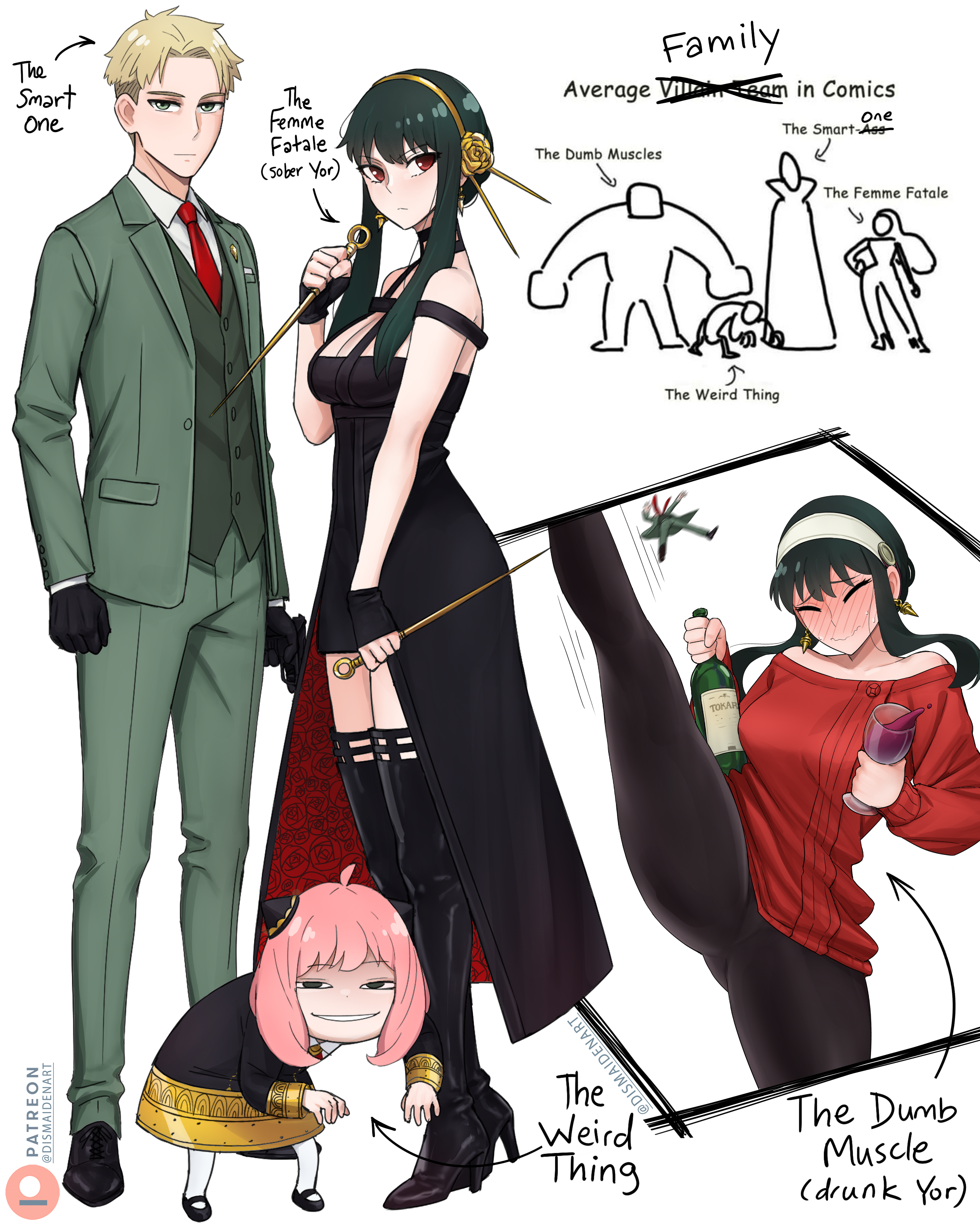 dismaiden, anya (spy x family), twilight (spy x family), yor briar, spy x family, absurdres, commentary, english commentary, highres, 1boy, 2girls, black dress, black gloves, black hair, black shoes, blonde hair, boots, bottle, breasts, closed eyes, closed mouth, cup, curtained hair, dress, dress shoes, earrings, english text, flower, gloves, green jacket, green pants, green vest, hairband, high kick, holding, holding bottle, holding cup, holding weapon, jacket, jewelry, kicking, large breasts, looking at viewer, multiple girls, necktie, pants, patreon logo, patreon username, pink hair, red necktie, red sweater, rose, school uniform, shoes, sidelocks, sleeveless, sleeveless dress, sweater, thigh boots, vest, weapon, white hairband, wine bottle