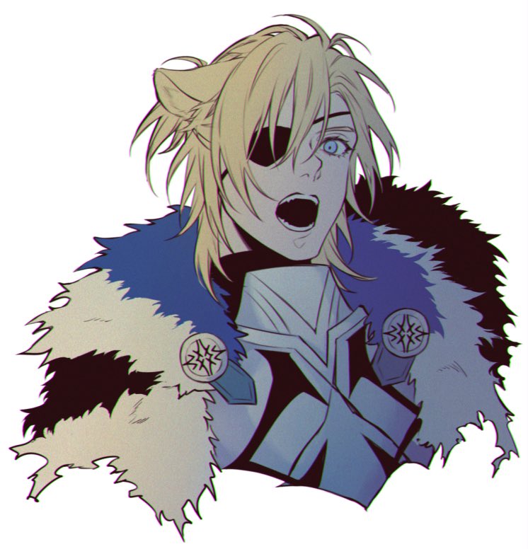sb (sbixinsky), dimitri alexandre blaiddyd, dimitri alexandre blaiddyd (king of faerghus), dimitri alexandre blaiddyd (timeskip), fire emblem, fire emblem: three houses, nintendo, commentary request, 1boy, animal ears, armor, black fur, blonde hair, blue eyes, breastplate, crest, cropped torso, eyelashes, eyepatch, hair between eyes, kemonomimi mode, lion boy, lion ears, male focus, medium hair, one eye covered, open mouth, simple background, solo, teeth, white background, white fur